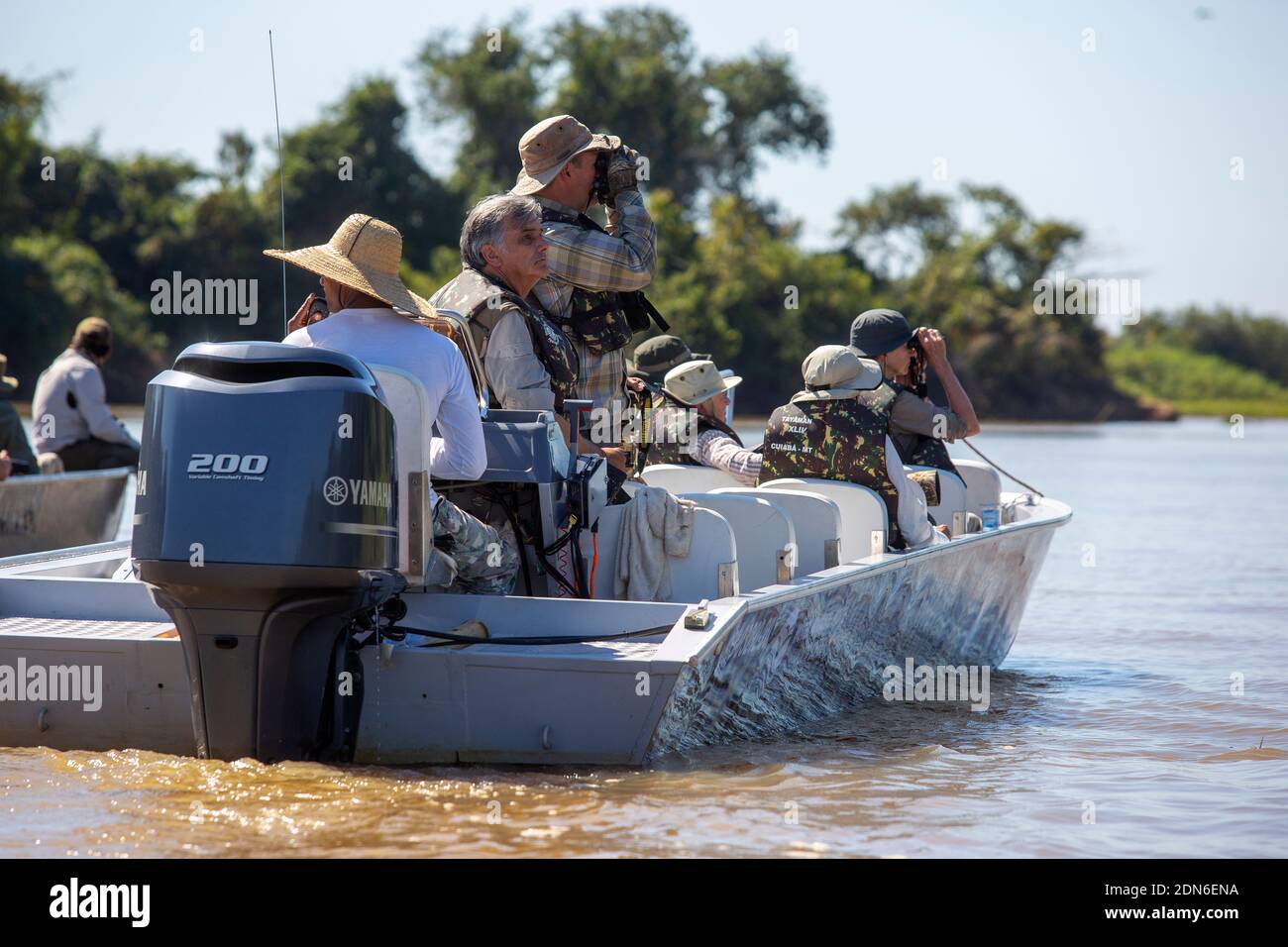 Touristen auf der Suche nach Jaguaren auf dem Fluss Três Irmãos, Pantanal von Mato Grosso, Brasilien Stockfoto