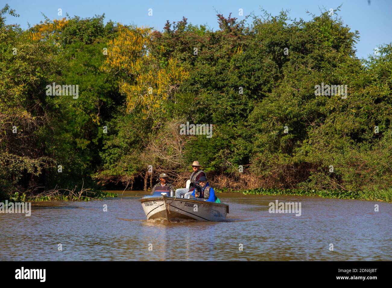 Touristen auf der Suche nach Jaguaren auf dem Fluss Três Irmãos, Pantanal von Mato Grosso, Brasilien Stockfoto