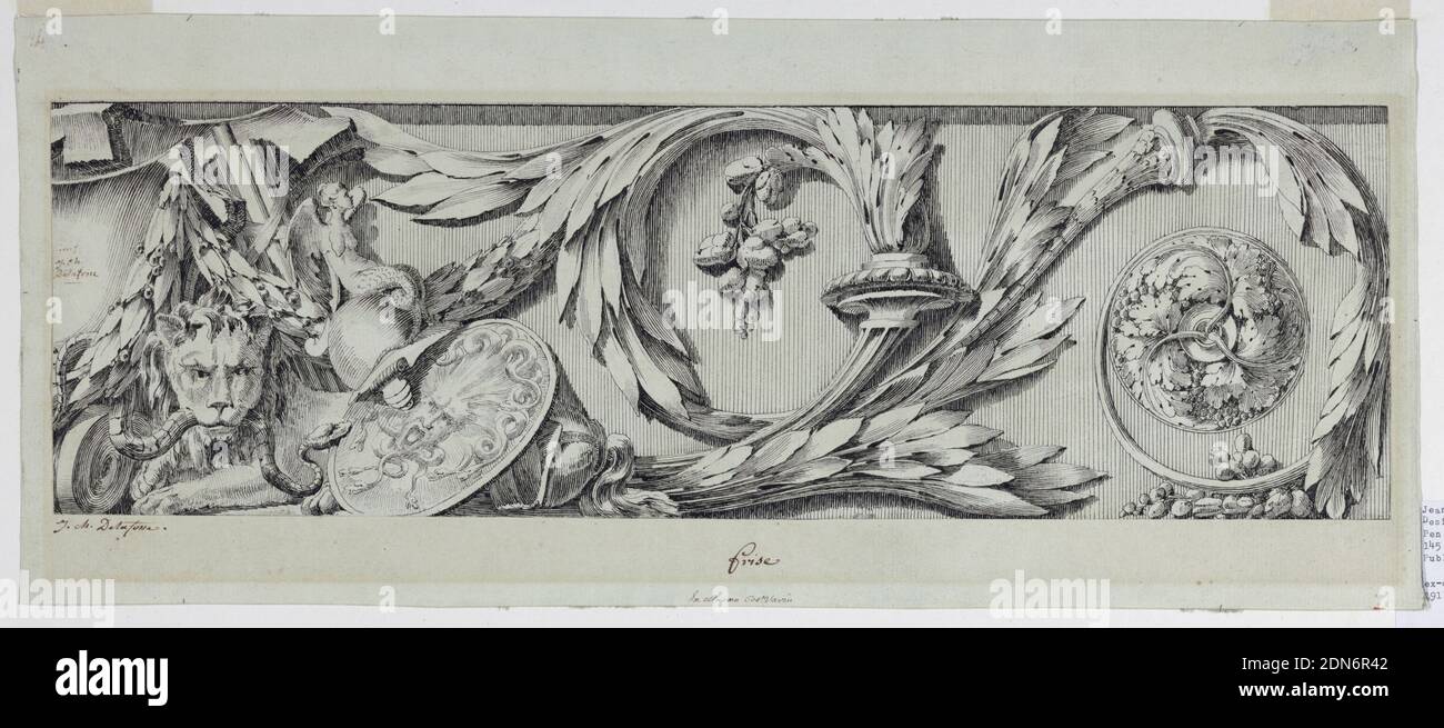 Frieze mit Rinceau, Jean-Charles Delafosse, französisch, 1734–1791, Feder und schwarze Tinte, Spuren schwarzer Kreide auf weißem Papier, rechte Hälfte abgebildet; Rinceau flankiert das zentrale Motiv, von dem die Hälfte ein Escutcheon ist; Ein kauernder Löwe beißt eine Schlange, die wiederum ein Kind beißt, bildet einen Teil einer Waffentrophäe., Paris, Frankreich, Frankreich, 1775–80, Ornament, Zeichnung Stockfoto