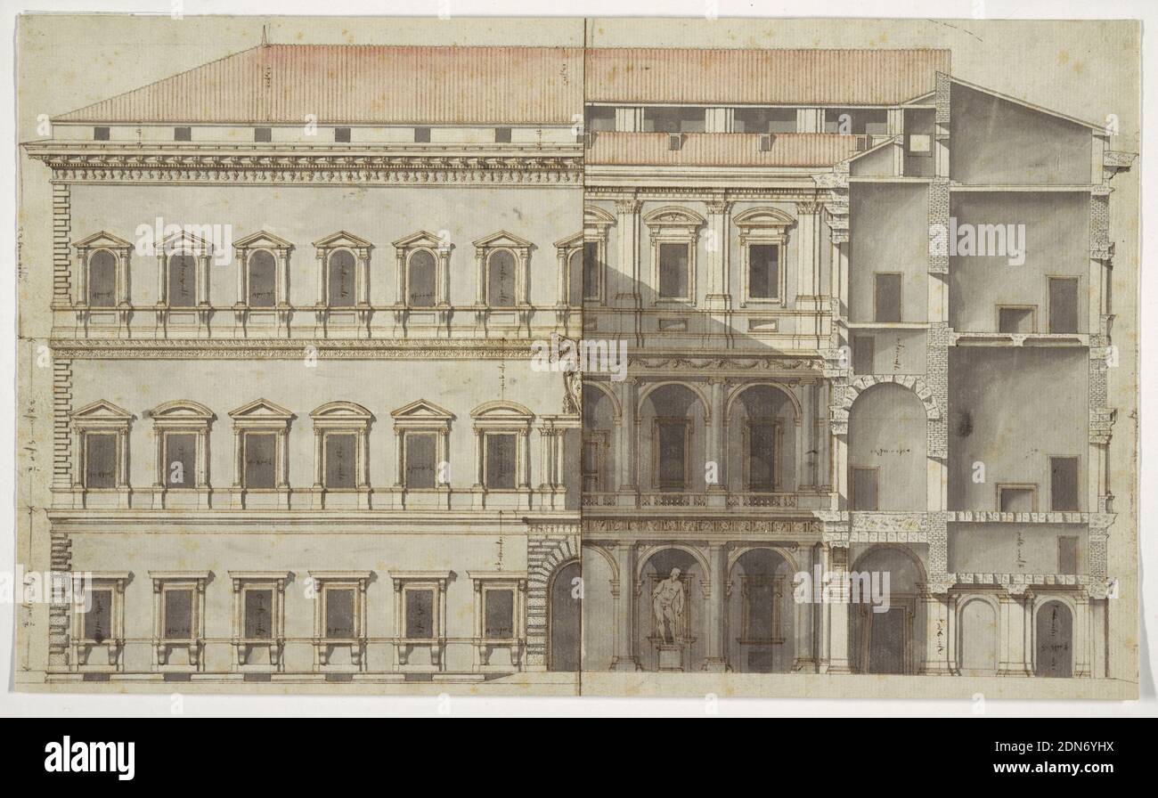 Rendering des Palazzo Farnese, Rome, Pen und braune Tinte, Pinsel und grau und rot waschen, über schwarze Kreide auf Papier, gefüttert, Erhebung eines großen, dreistöckigen Gebäudes (Palazzo Farnese, Rom). Nordöstliche Hälfte der Höhe der Fassade mit nordwestlichen Hälfte Höhe des Gerichts und Abschnitt durch nordwestlichen Flügel. Messungen eingeschrieben., Frankreich, ca. 1750, Architektur, Zeichnung Stockfoto