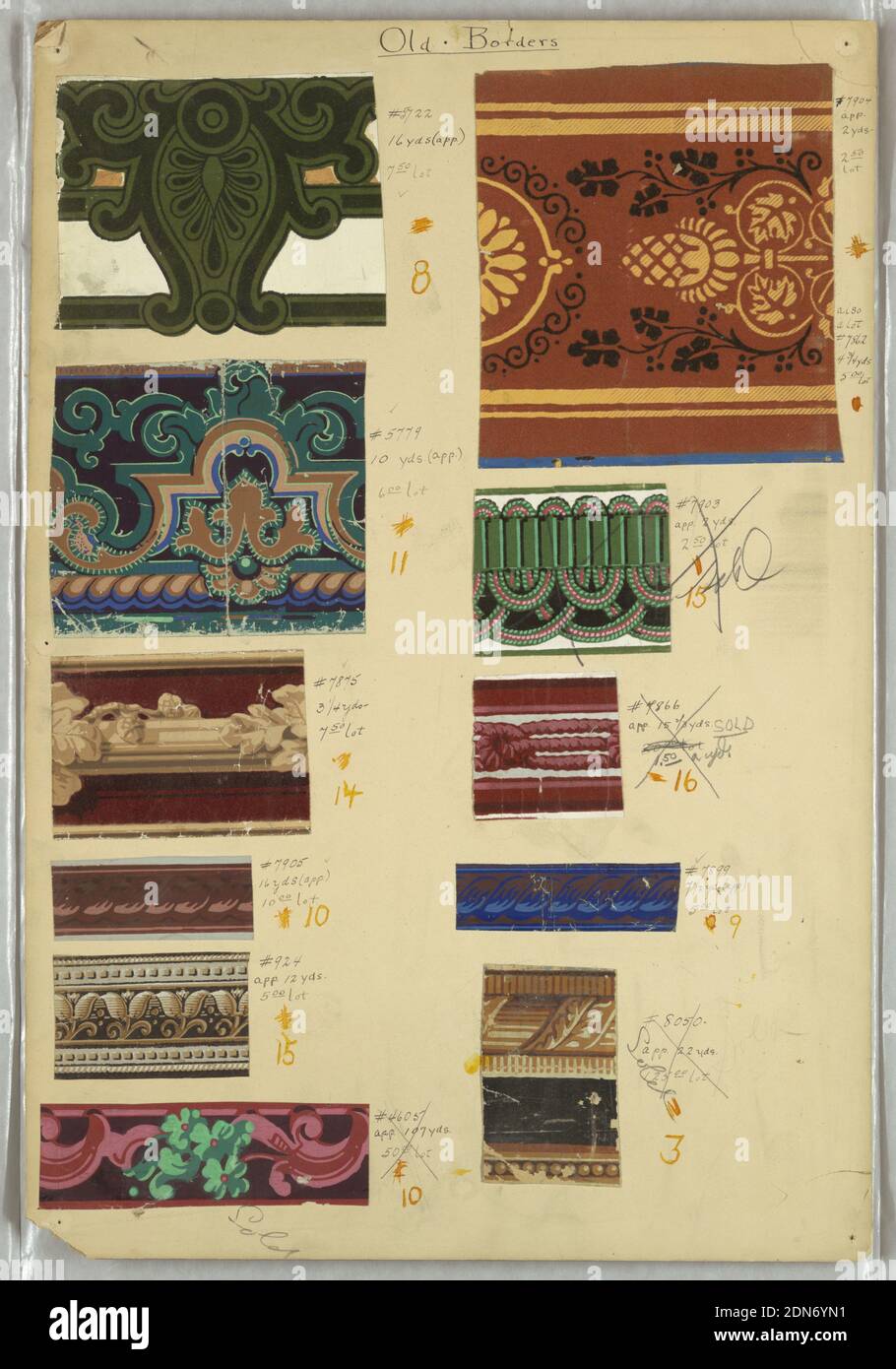 Border, Block-Printed und Flockte, EINE Gruppe von zehn Randproben, die auf einer Platine montiert sind. Die Entwürfe umfassen Seil Twist, Band und Stange, Rebe und Stange, und Phantasie Gimp, unter anderem., Frankreich, 1820–50, Wandverkleidungen, Grenze Stockfoto