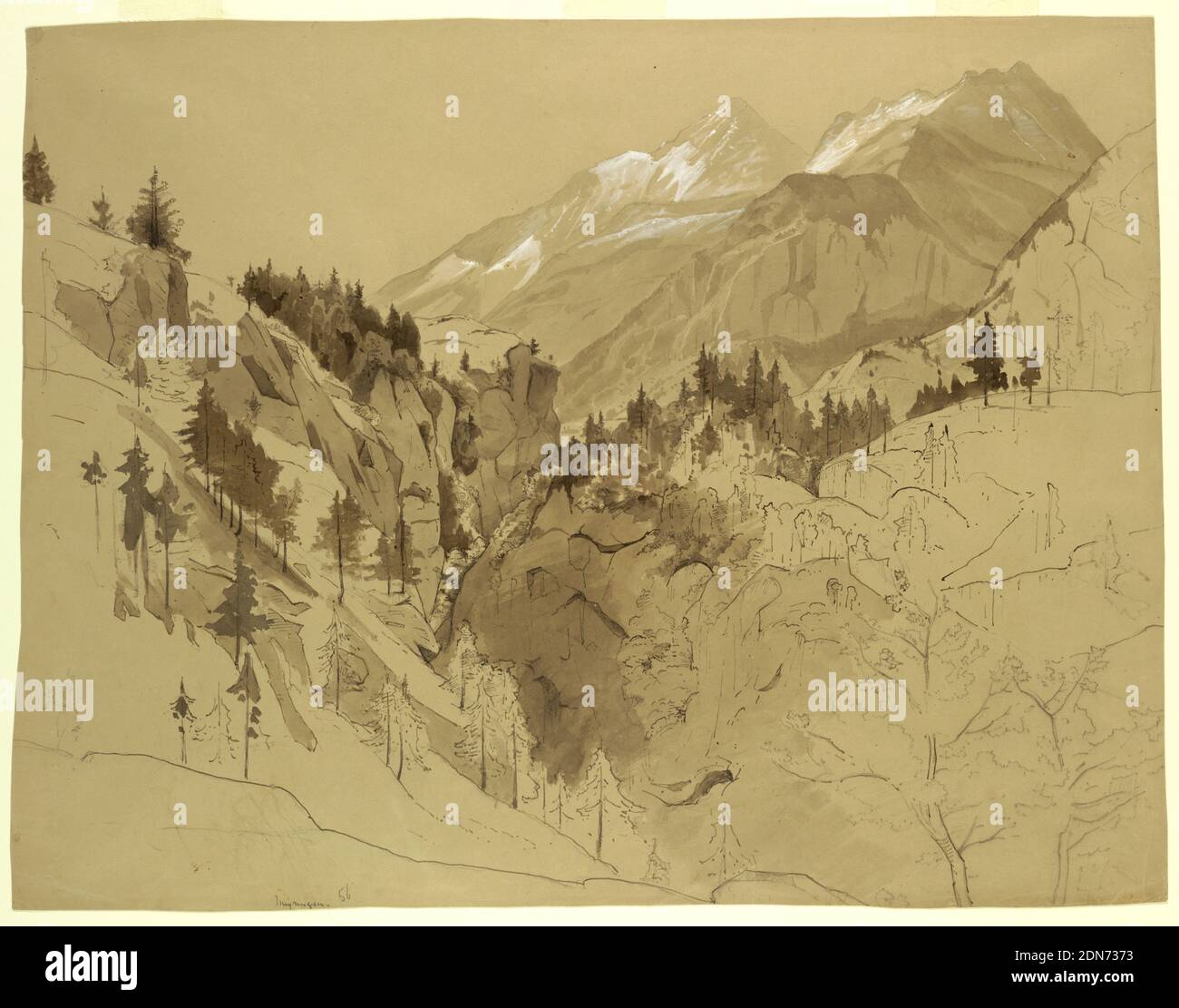 Landschaftsstudie, Meiringen, Schweiz, William Stanley Haseltine, Amerikaner, 1835–1900, Pinsel und Wäsche, Gouache, Graphit auf Wobelpapier, Blick auf ein Tal zwischen zwei bewaldeten Hängen mit schneebedeckten Bergen in rechter Entfernung., 1856, Landschaften, Zeichnung Stockfoto