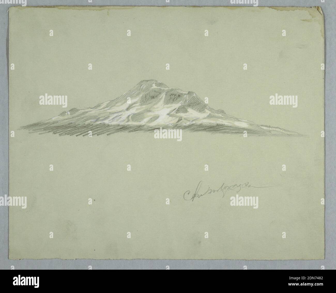 Schneebedeckter Gipfel des Mount Chimborazo, Ecuador, Frederic Edwin Church, American, 1826–1900, Graphit, Pinsel und weiße Gouache auf schwerem grünlichem Papier, Horizontale Ansicht des schneebedeckten Gipfels des Mount Chimborazo, von derselben Stelle wie in 1917-4-1337., Juli 1857, Landschaften, Zeichnung Stockfoto
