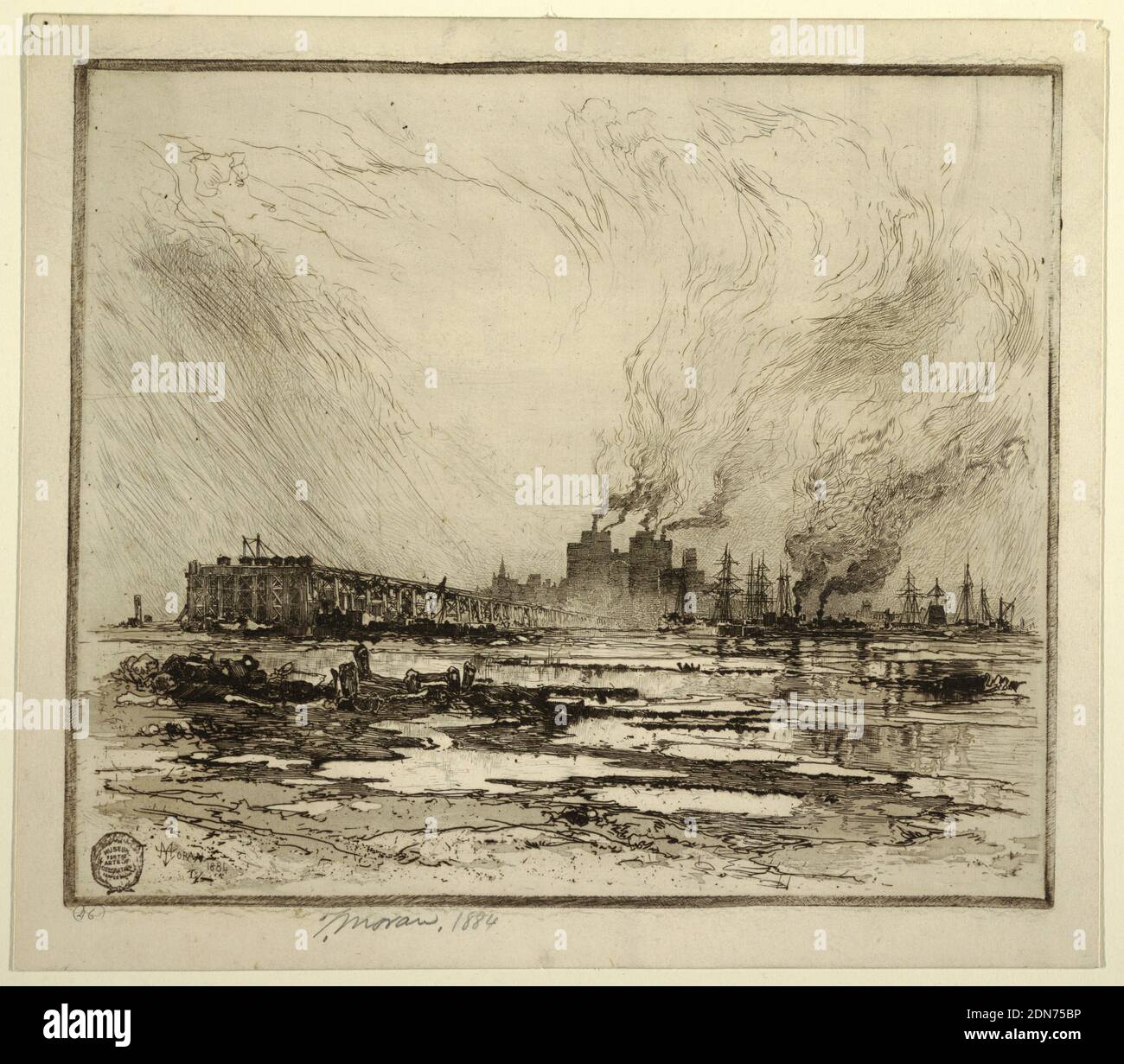 Communipaw, New Jersey, Thomas Moran, Amerikaner, B.. Großbritannien, 1837–1926, Radierung auf Papier, Horizontale Ansicht einer Fabrik und anderer Gebäude in den Jersey Flats. In der Mitte befindet sich links ein Laderampe und rechts Schiffe und Lokomotiven., 1884, Landschaften, Drucken Stockfoto