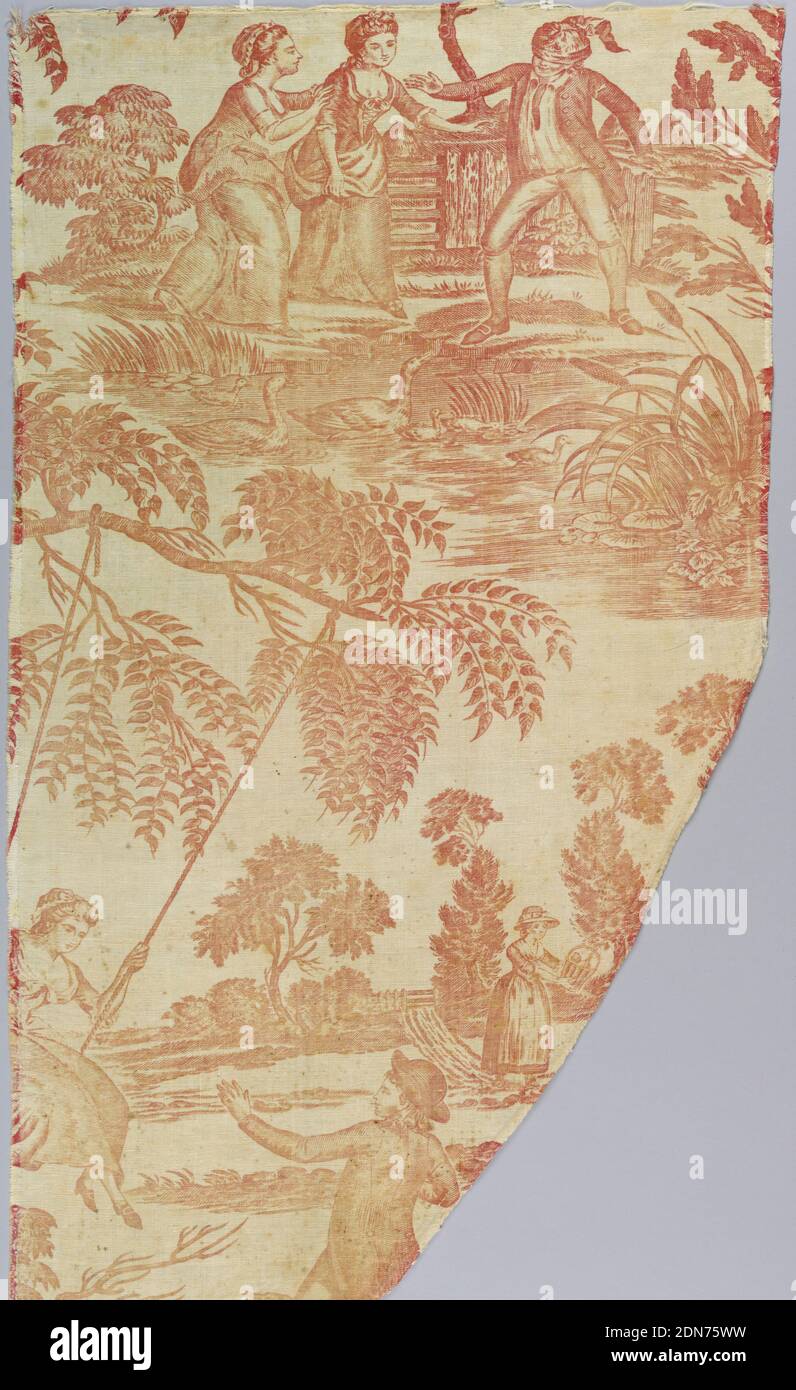 Fragment, Medium: Baumwolltechnik: Kupferplatte auf Leinwandbindung gedruckt, bedruckte Textilien mit Figuren, die auf "Blinden-Buff" spielen, in rustikalem Setting mit Wasservögeln. Unten, ein Mann schiebt eine Frau auf eine Schaukel, während Hunde auf. Dahinter steht eine Frau mit Picknickkorb., England, Ende 18. Jahrhundert, bedruckte, gefärbte & bemalte Textilien, Fragment Stockfoto
