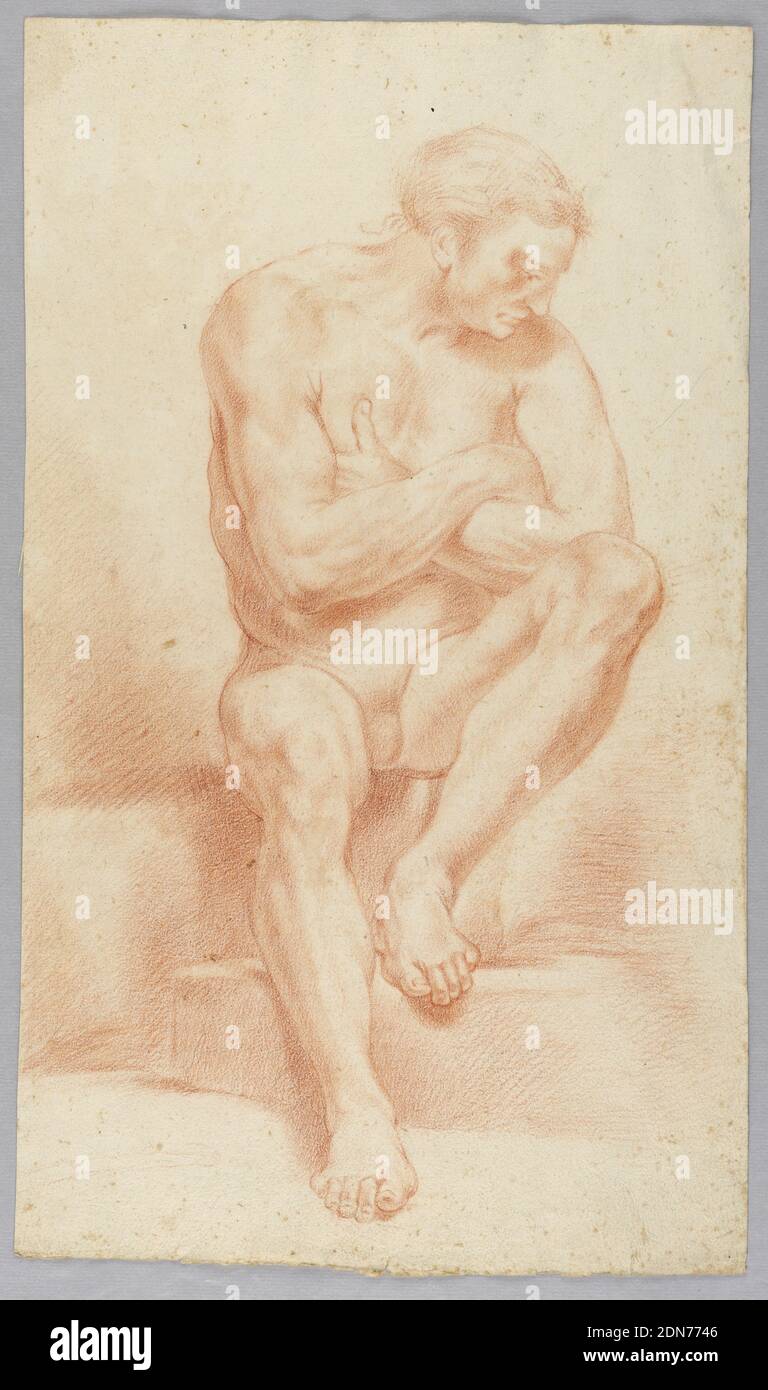 Figurale Studien, Rotkreide auf Papier, Figur von vorne gezeigt, sitzend. Der linke Fuß steht auf einer Stufe. Die Arme sind gekreuzt. Der Kopf wird abgesenkt und zur linken Schulter gedreht., Italien, 1550–1600, Figuren, Zeichnung Stockfoto