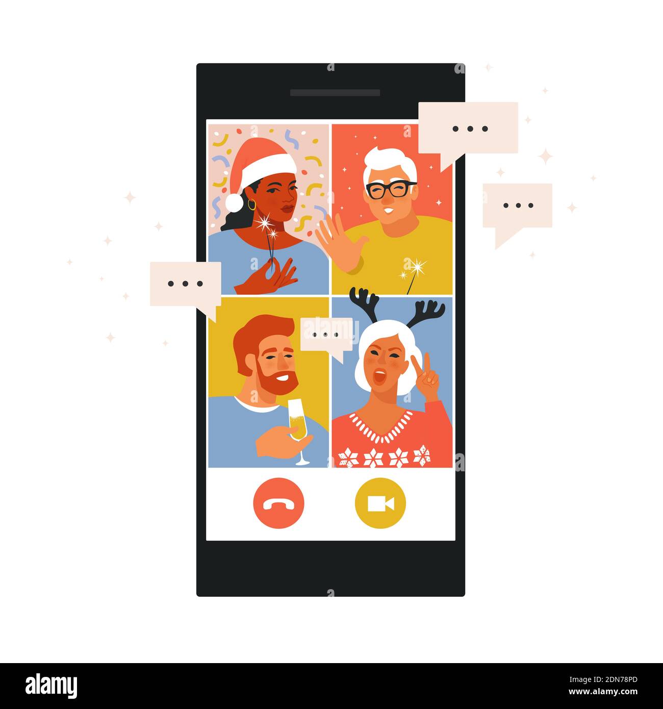 Diverse Menschen tanzen und chatten auf der Online-Video-Konferenz House Party. Freunde treffen sich online. Party von zu Hause aus per Videocall Stock Vektor