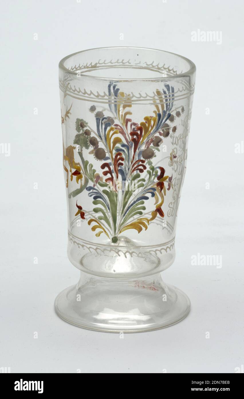 Becher, Glas, großer durchsichtiger Glasbecher mit bemalter Dekoration eines Hirsches., Schweiz, 18. Jahrhundert, Glaswaren, Dekorative Kunst, Becher Stockfoto