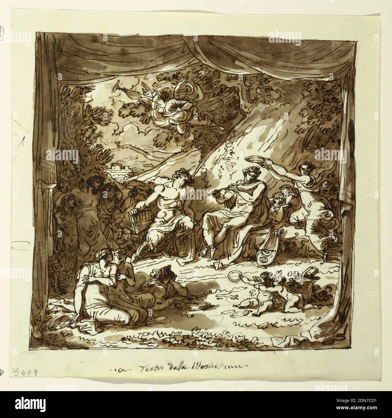 Design für Bühnenvorhang: Apollo und Marsyas, Palazzo Conti-Sinibaldi, Faenza, Felice Giani, italienisch, 1758–1823, Feder und braune Tinte, Pinsel und braune Wäsche über schwarzer Kreide auf gewobeltem Papier, horizontales Rechteck. Vorhänge Rahmen Szene, Bühne Rahmen gezeigt. Mittelgrund zu Füßen eines riesigen Baumes sitzend, in der Mitte spielen Marsyas und Apollo Flöte. Muse-Zeichen (?) Hält den Kranz über dem Kopf. Rechts im Vordergrund, hinter dem Hauptpublikum links, Listerner. Mittelweg, links Dionysos mit Prozession. Bildunterschrift in Tinte über Graphit: 'Teatro della V musica.', Italien, 1800–1801, Theater Stockfoto