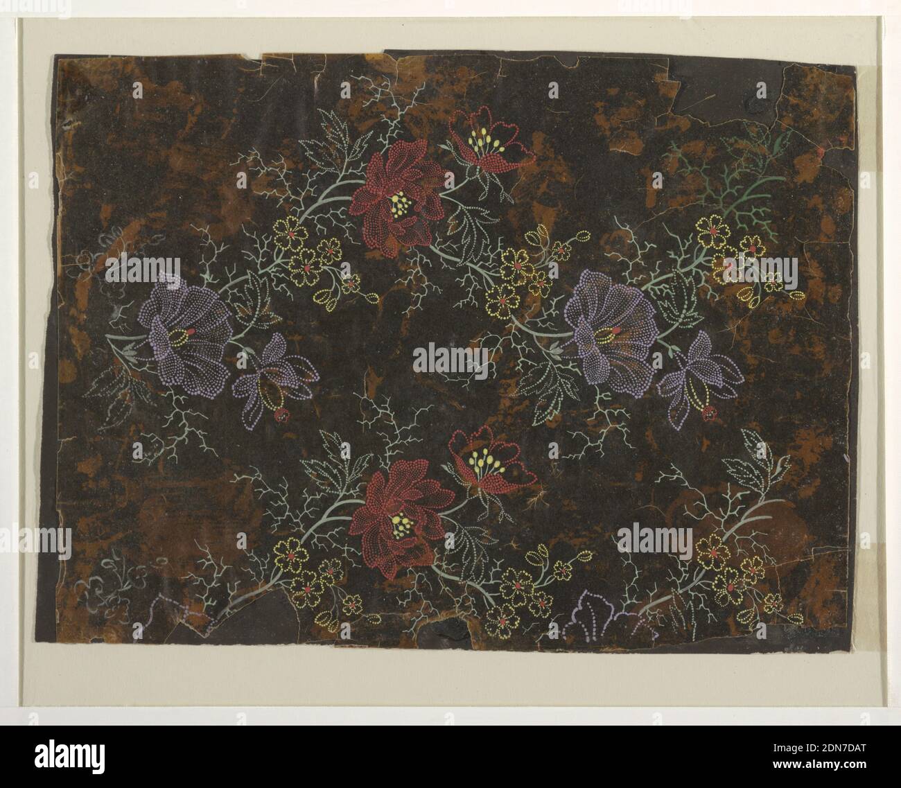 Entwurf für einen gewebten Schal, Pinsel und grüne, gelbe, rote und lila Gouache auf dunkelbraunem Pauspapier, montierte, gewellte und aufsteigende Stängel mit naturalistischen Blüten verschiedener Art, mit Blättern und einer Art Tentakel., Frankreich, 1820–1850, Zeichnung Stockfoto