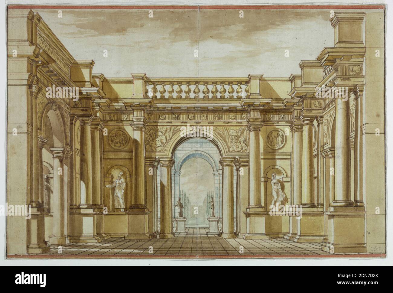 Bühnenbild: Ummauerter Innenhof mit Blick auf einen Garten, Andrea Pozzo, italienisch, 1642–1709, Stift und Braun, rote Tinte, Aquarell auf Papier, horizontales Rechteck mit einem gepflasterten Innenhof, geschmückt mit toskanischen Säulen, Rundeln und Skulpturen Nischen, mit Blick auf einen Garten durch zentralen Bogen, Italien, 1699–1700, Theater, Zeichnung Stockfoto