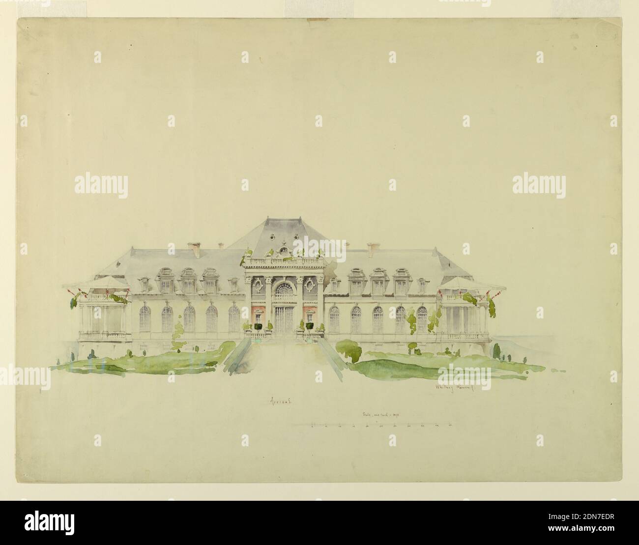 Front Elevation of the Newport Country Club, Harrison Avenue, Newport, Rhode Island, Whitney Warren Jr., American, 1864–1943, Pinsel- und Wasserfarben über Graphit auf schwerem cremefarbenem Illustrationstafel, Elevation, ausgeführt in zarten Aquarellwäschen, zeigt den Vordereingang, Gehweg, Zeltveranden im zweiten Stock links und rechts, und schlug Landschaftsgestaltung vor. Darunter ein Maßstab und numerische Anmerkungen., New York, USA, 1893–94, Architektur, Zeichnung Stockfoto