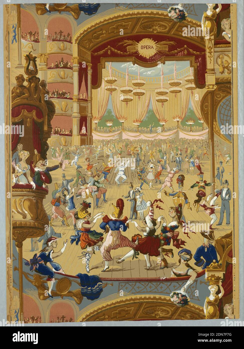 Seitenwand, maschinenbedrucktes Papier, sich wiederholendes Motiv eines Maskenballs in einem Opernhaus. Figuren in fantastischen Kostümen tanzen und tummeln sich. Ein Orchester spielt auf der Bühne. Gedruckt in zwanzig Farben auf neutralem Boden, Drop Wiederholung., Frankreich, 1882–83, Wallcoverings, Sidewall Stockfoto
