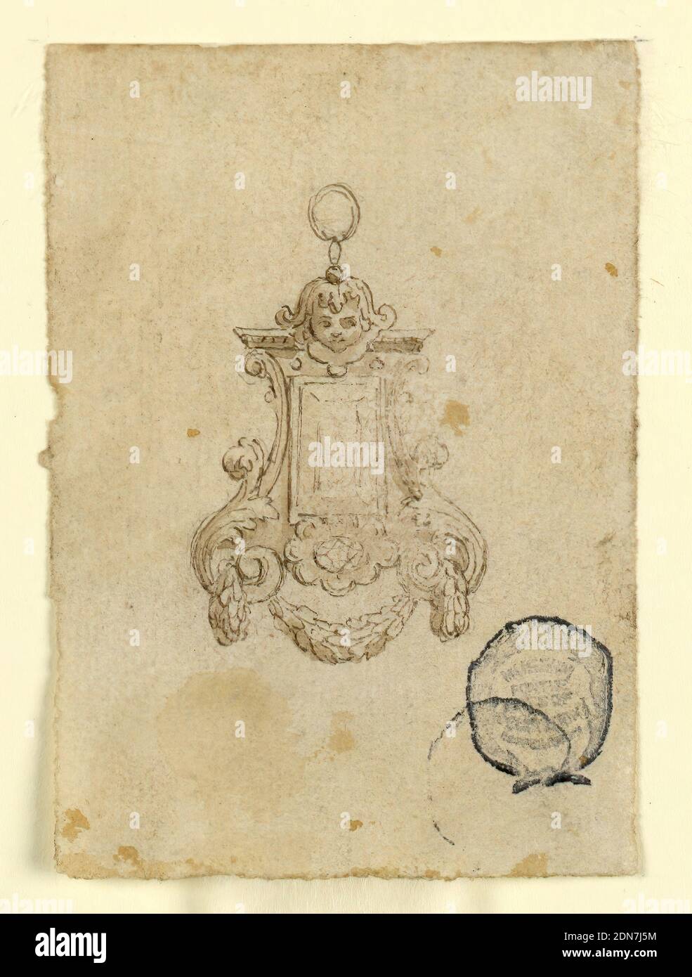 Design für einen Anhänger mit Blattvoluten und Kinderkopf, Graphit, Stift und Tinte, Pinsel und Sepia auf Papier, ein länglicher Diamant mit architektonischem Rahmen. Oben eine Maske und ein Ring. Unten, Voluten, Rosette und Festoon., Italien, 16. Jahrhundert, Schmuck, Zeichnung Stockfoto