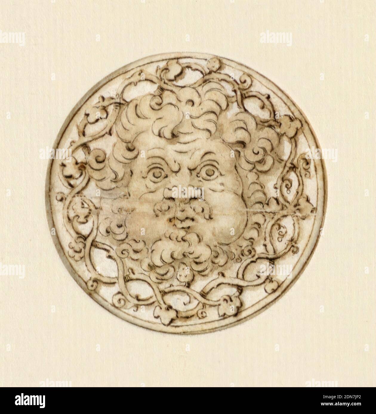 Gejagtes Silbermedaillon, Feder und braune Tinte, braune Wäsche Support: Weißes Papier, England, Deutschland, 1532–43, Ornament, Zeichnung Stockfoto