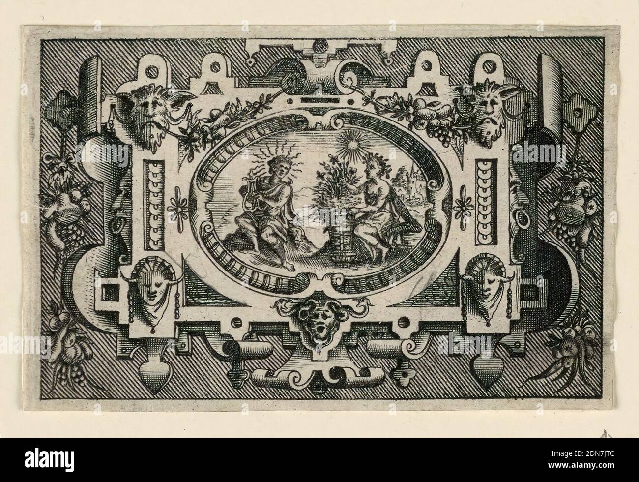 Scrollwork Escutcheon mit Herbstdarstellung, Pieter van der Heyden, Flämisch, 1530 - 1572, Jacob Floris der Ältere, Flämisch, 1524 - 1581, Gravur auf Papier, Herbst. Eine Frau, die einen Apfelzweig hält. Bacchus trinken. T wo Frauen mit erhöhten Köpfen im Rahmen., Niederlande, ca. 1565, Drucken Stockfoto
