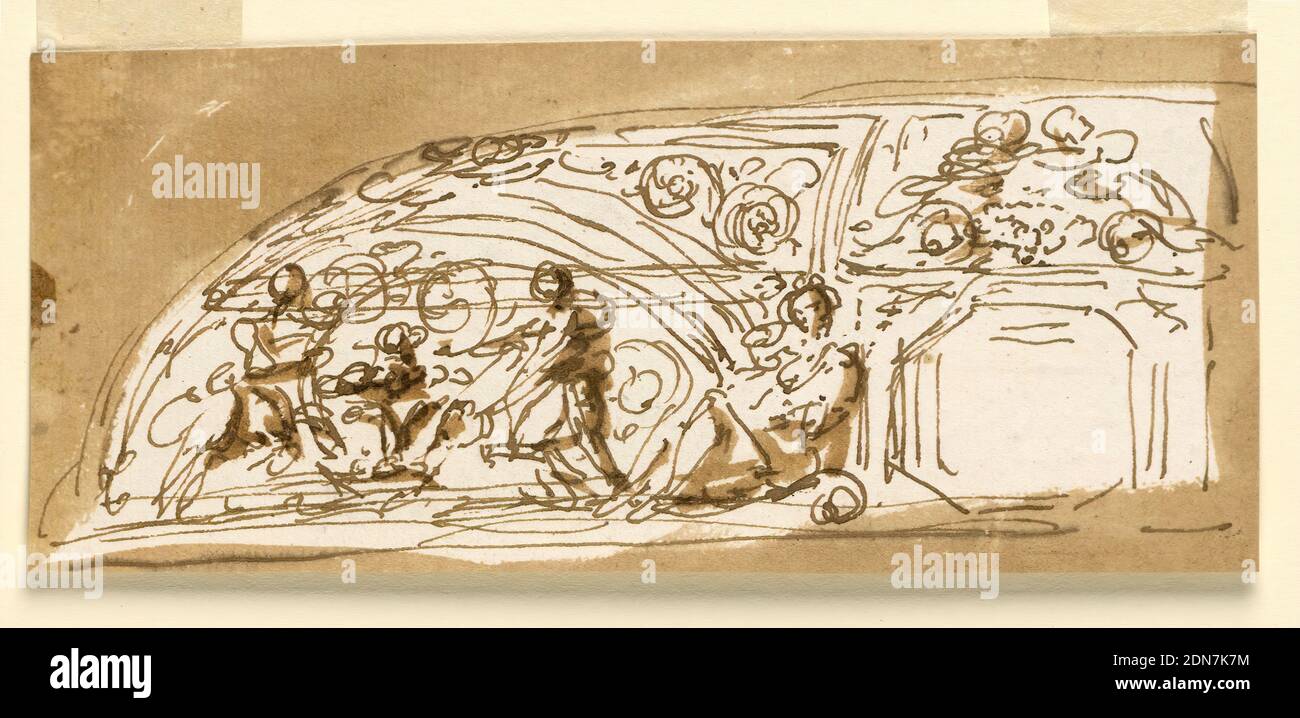 Design for Ceiling Decoration, Giuseppe Barberi, Italian, 1746–1809, Pen and Brown ink, brush and Brown wash on off-white laid paper, Semi-längliche Komposition mit Figuren links mit sechseckiger Platte rechts darüber, die zusätzliche Elemente grob angegeben., Rom, Italien, 1746–1809, Interieurs, Drawing Stockfoto