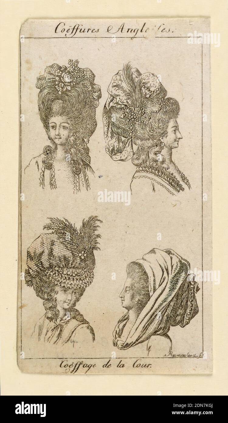 Damenmode: Frisur und Hüte, Johann August Rossmassler, Deutsch, 1752 -  1783, Gravur auf Papier, Illustration von Gruppen