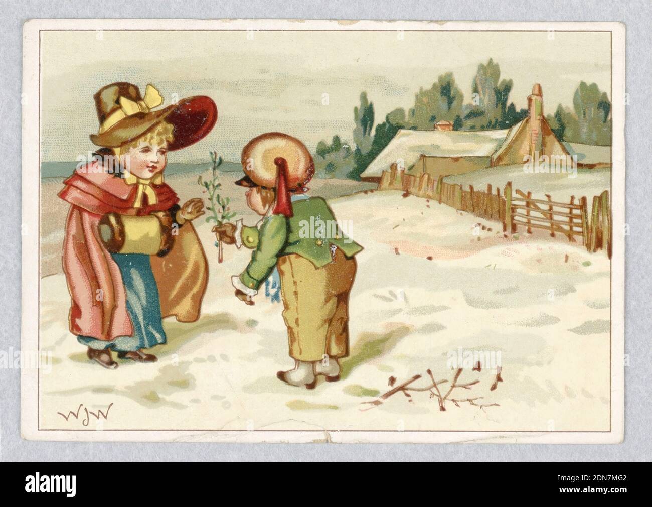 Grußkarte, chromolithograph, eine von elf verschiedenen Karten ohne Ursprungsbezeichnung. Diese zeigt eine Winterszene mit einem Haus im Hintergrund. Im Vordergrund bietet ein Junge einem Mädchen einen Mistelzweig an., USA, ca. 1880, Figuren, Grußkarte Stockfoto