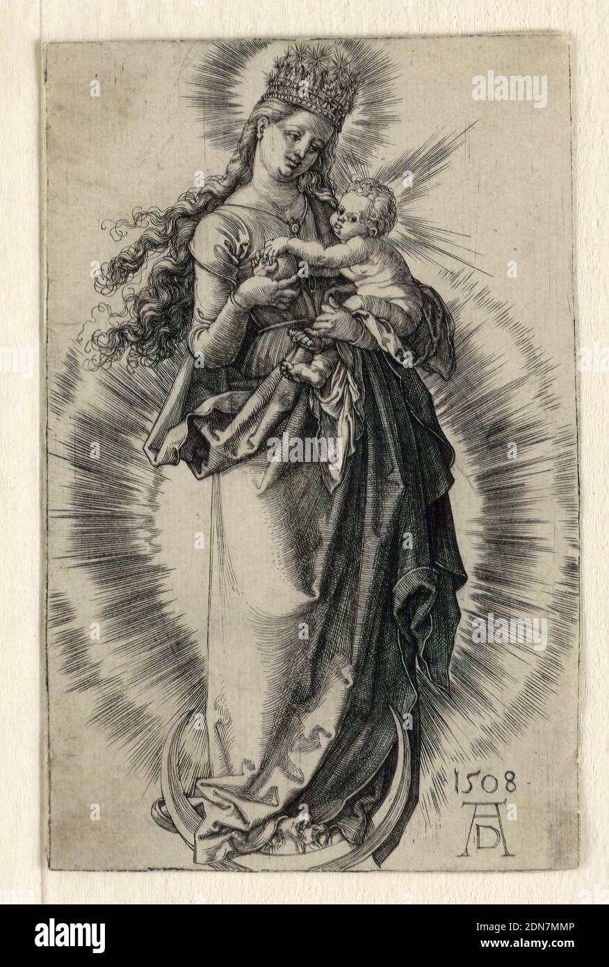 Die Jungfrau mit der Sternenkrone, Albrecht Dürer, Deutsch, 1471–1528, Gravieren auf Papier, die Jungfrau steht auf einer Halbmond, trägt eine Krone aus Sternen. Sie hält das Kind in ihrem linken Arm und überreicht ihm Früchte., Deutschland, 1508, Figuren, Print Stockfoto