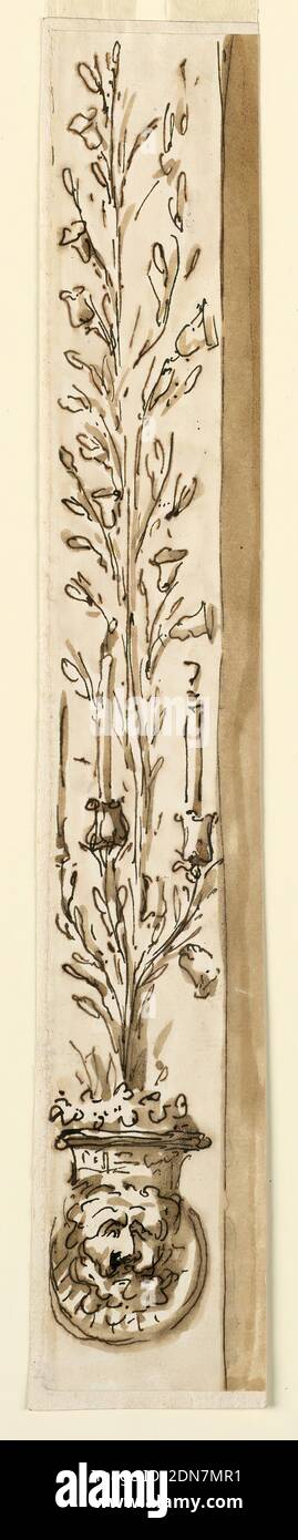 Säulenleiste mit Kerzenhalter, Giuseppe Barberi, italienisch, 1746–1809, Feder und braune Tinte, Pinsel und braune Wäsche auf cremefarbenem Papier, gefüttert, EINE Maske vor einer kreisförmigen Schale unterstützt mit dem Kopf einen Blumenkorb. Aus ihm erhebt sich der Stamm mit vielen Seitenzweigen, mit den Blättern und glockenartigen Blüten. Unten sind drei größere Zweige zu sehen, deren Blüten als Sockel für Kerzen dienen., Rom, Italien, 1780–1800, Innenräume, Zeichnung Stockfoto