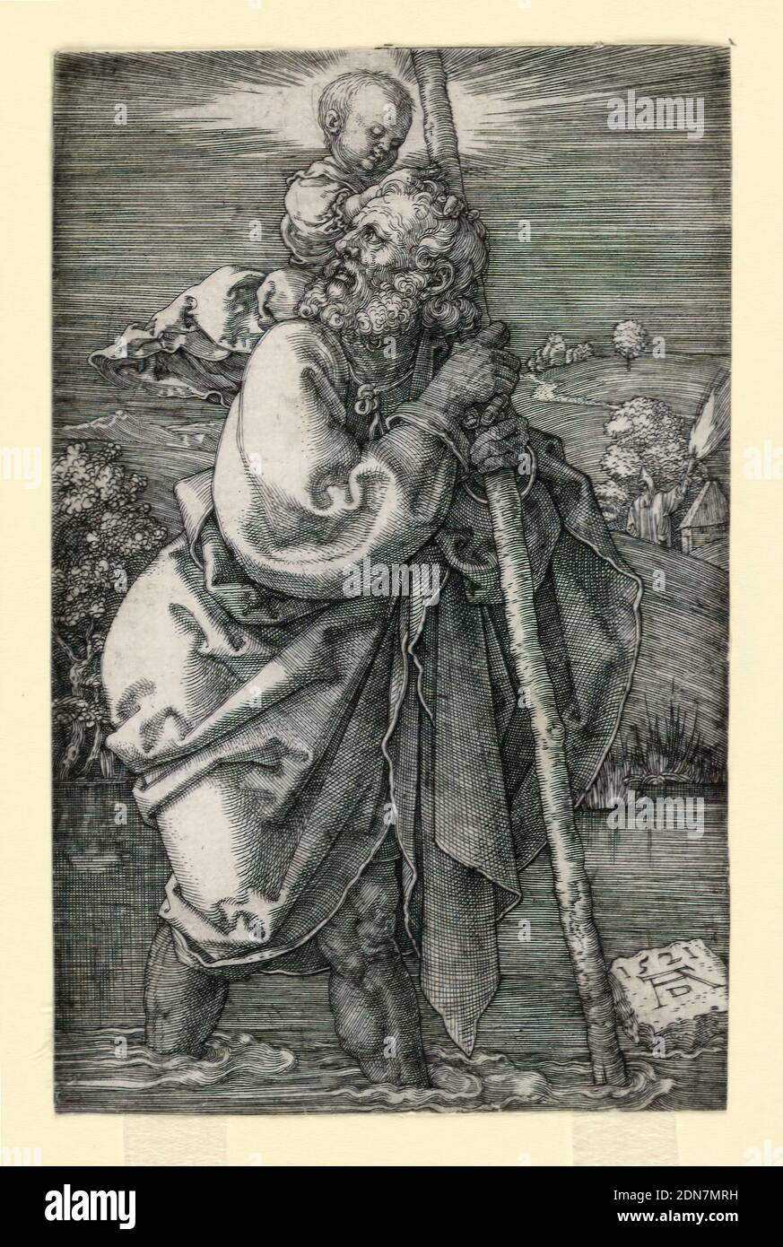 St. Christopher, Albrecht Dürer, Deutsch, 1471–1528, Gravieren auf cremefarbenen Papierlappentapes, 1511, Abbildungen, Druck Stockfoto
