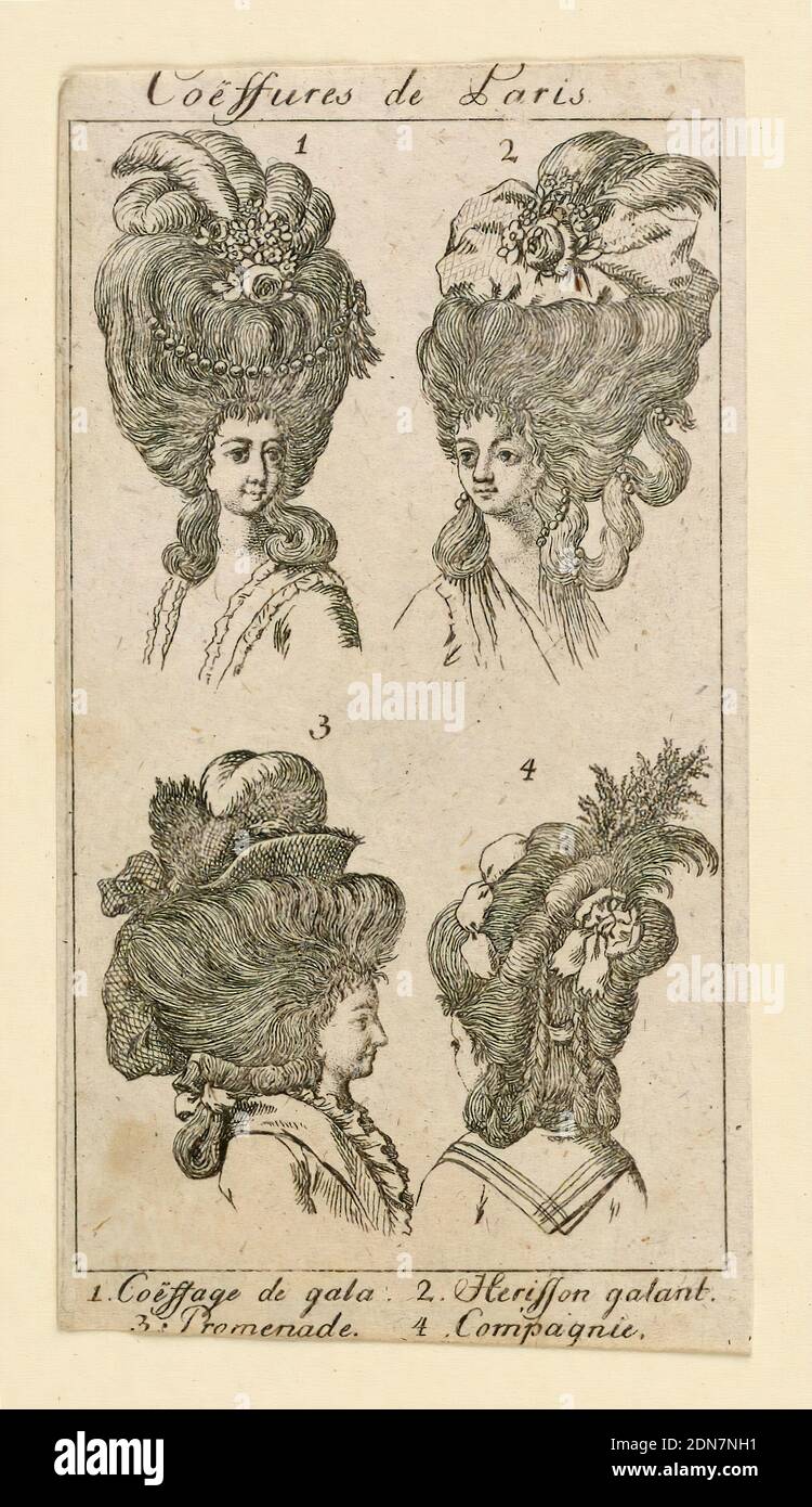 Damenmode: Frisur und Hüte, Johann August Rossmassler, Deutsch, 1752 -  1783, Gravur auf Papier, Illustration von Gruppen
