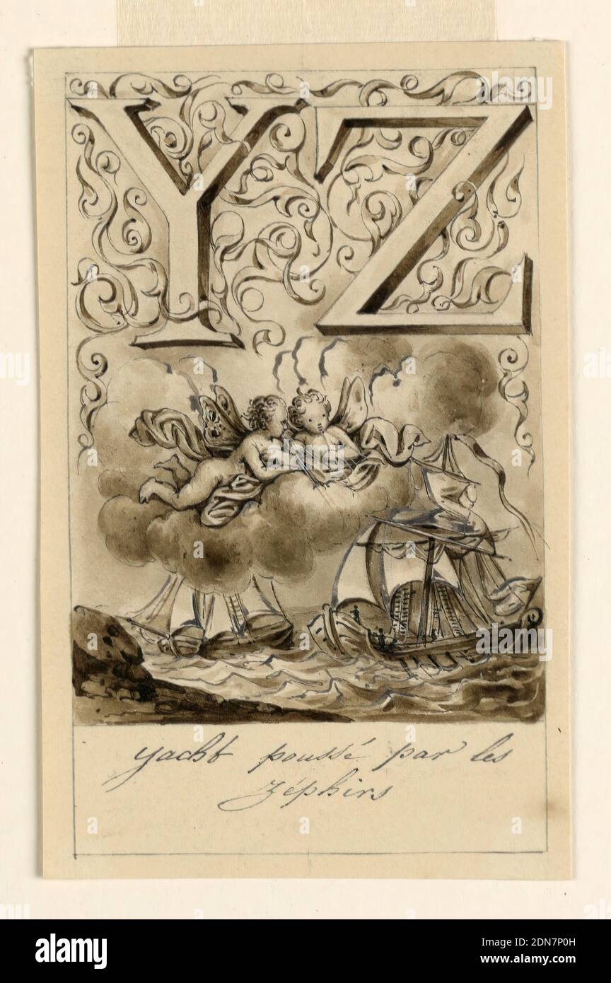 Entwurf für die Buchstaben Y und Z einer Grundierung: Yacht/ Zéphir (Yachts Driven by Zephyrs), Victor Vincent Adam, 1801–1866, Graphit, Stift und Bistre-Tinte, Pinsel und Tintenwäsche, mit weißer Aufhellung auf cremefarbenem Papier., Buchstaben oben, flankiert von ineinander verschlenkten Rinnen. Zwei vom Wind geblasene Segelschiffe., Frankreich, ca. 1830, Zeichnung Stockfoto