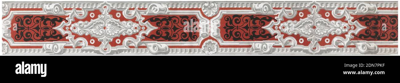 Border, Block-gedruckt, Grisaille Scrollwork verlassen offene Bereiche von rot. Letztere sind mit schwarzen Rollen- und Blattformen verziert. Grisaille Gebißleisten entlang der oberen und unteren Kanten. (Andere Längen sind wahrscheinlich aus diesem abgeschnitten worden). Gedruckt auf rotem Grund., Frankreich, 1845, Wallcoverings, Bordüre Stockfoto