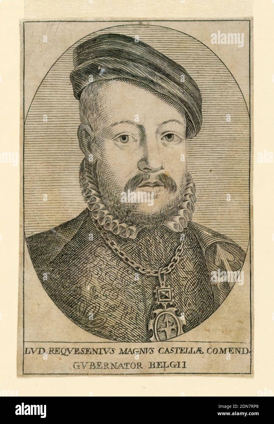 Porträt von Luis de Requesenius (d. 1576), Gravur auf Papier, Brustlanges Porträt in Frontansicht eines älteren Mannes, der einen kleinen Hut, einen Rüschenkragen und eine eng ansitzende Jacke aus gemustertem Textil trägt., Niederlande, ca. 1575, Drucken Stockfoto