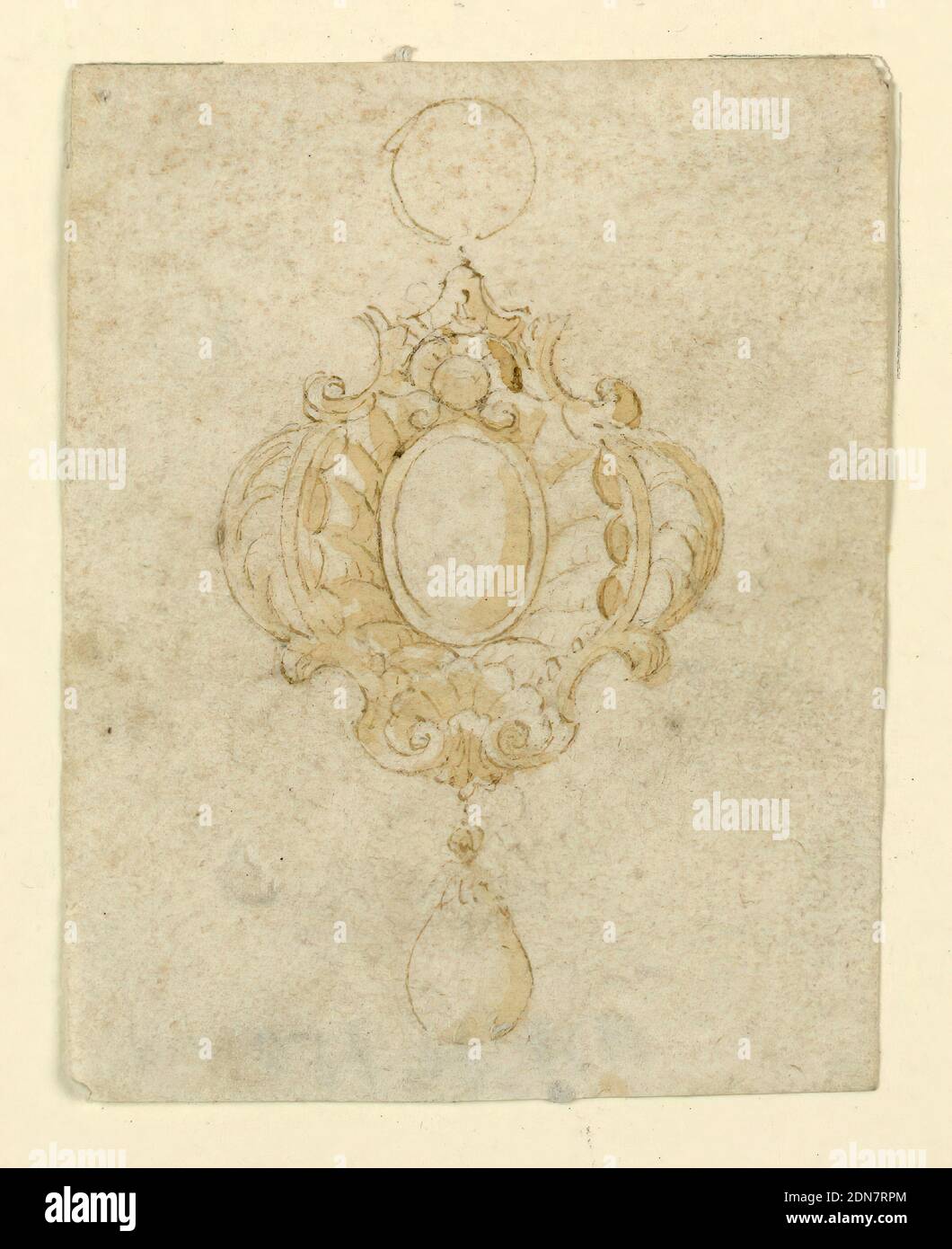 Design für Anhänger mit Oval Diamant, Stift und Sepia Tinte, Pinsel und waschen auf Papier, Design für einen Anhänger. Ein Escutcheon mit einem ovalen Diamanten in der Mitte; an den Seiten zwei Palmzweige. Unten hängt eine birnenartige Perle. Ein Ring oben., Italien, 16. Jahrhundert, Schmuck, Zeichnung Stockfoto