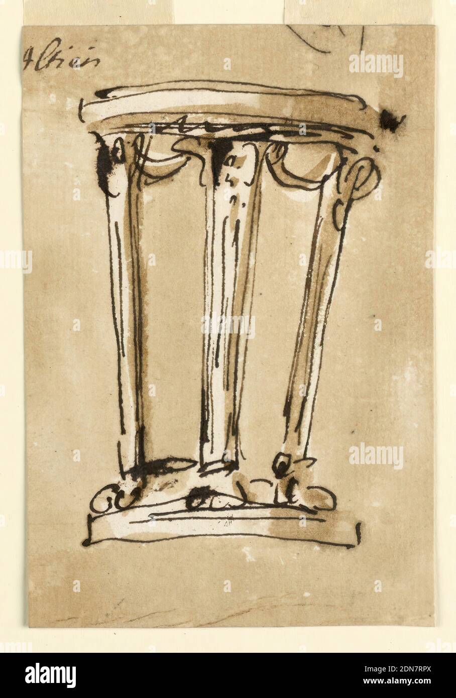 Tisch, Giuseppe Barberi, italienisch, 1746–1809, Feder und braune Tinte, Pinsel und braune Wäsche auf cremefarbenem Papier, Tisch., Rom, Italien, 1746–1809, Möbel, Zeichnung Stockfoto