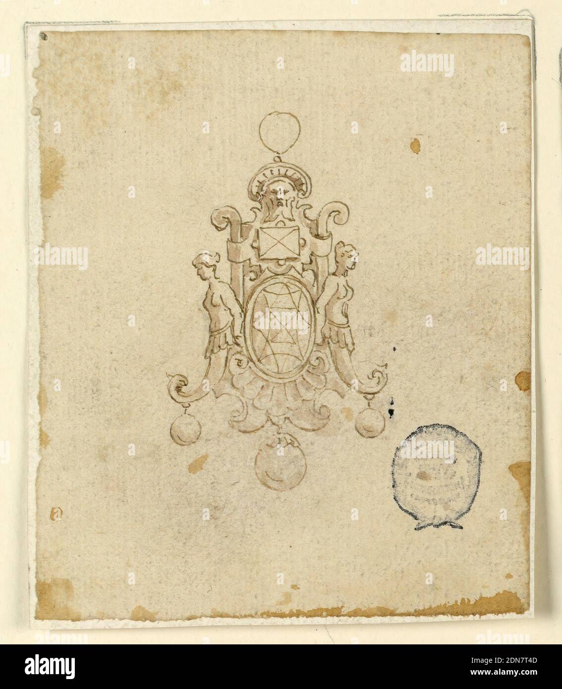 Design für Anhänger mit Halbfiguren, Stift und Tinte, Pinsel und Aquarell, Sepia auf Papier, ein ovaler Diamant wird von einem Escutcheon eingerahmt. An den Seiten sind weibliche Halbfiguren mit einer Volute als Bein, von dem ein runder Diamant aussteht. Oben, das Oval ist ein kleinerer quadratischer Diamant ist ein weiterer Escutcheon, der um die Ränder des Hauptdiamanten befestigt ist. In der Mitte oben ist der Kopf eines bärtigen Mannes mit einer Spirale um die Stirn. Auf dem Ring. Unten ist ein Muschelfächerchen und Schriftrollen mit einem schwebenden runden Diamanten., Italien, 16. Jahrhundert, Schmuck, Zeichnung Stockfoto