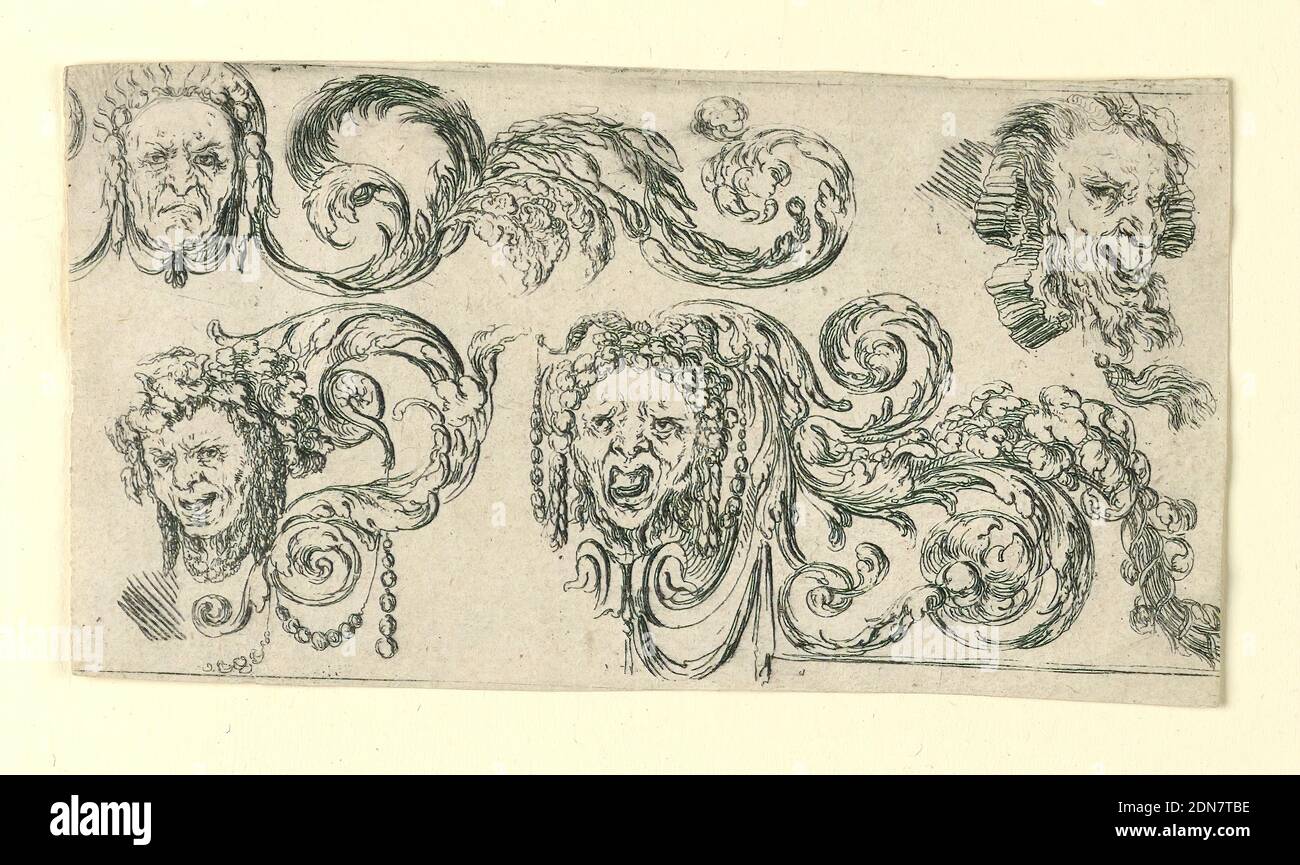Teller aus Frises, Feuillages et Grotesques (Friesen, Blätter und Grotesken), Stefano della Bella, Italienisch, 1610–1664, Jacques Van Merle, Flämisch, 1616 - 1682, Radierung auf gedeckten Papier, Horizontales Rechteck mit vier Masken mit Akanthus-Blatt-Arabesken., Italien, ca. 1645, Ornament, Druck Stockfoto