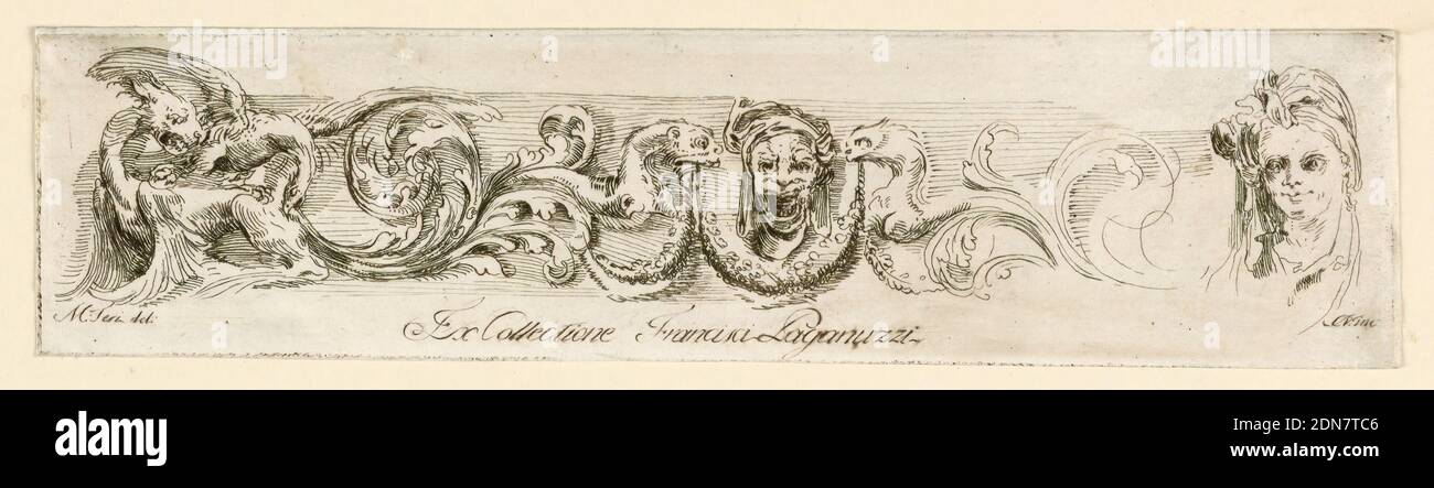 Frieze und Masken, Mauro Antonio Tesi, italienisch, 1730 - 1766, Radierung auf Büttenpapier, Italien, Mitte 18. Jahrhundert, Druck Stockfoto