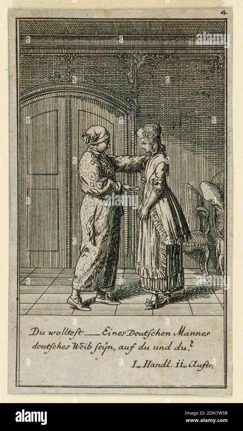 A Father or Guardian Talking to a Girl, Illustration des Theaterstück 'nicht mehr als sachs Schüsseln' von Fredrich Wilhelm Grossman in 'Königl: Grossbrit [anische] Genealogischer Kalender auf das 1782 Jahr Lauenberg bey J.G. Berenberg', Daniel Nikolaus Chodowiecki, deutsch, 1726 - 1801, Strichgravur mit Radierung auf Papier, Er legt seine linke Hand auf ihre rechte Schulter., Deutschland, 1781, Druck Stockfoto