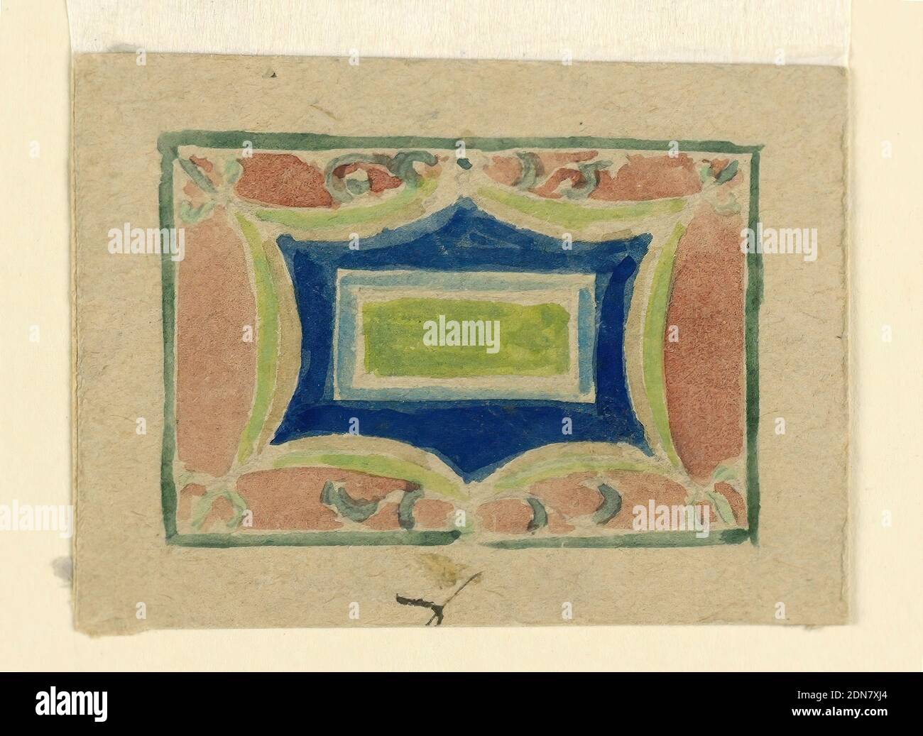 Design for a Decorative Panel, John La Farge, American, 1835–1910, Graphit und Aquarell auf Papier, Horizontale Tafel mit gebogenem Rahmen auf blauem Grund, die eine kleinere grüne und blau-schwarze Tafel absetzt. Verso: Graphitskizze eines ähnlichen Motivs., USA, 1880–1900, Architektur, Innenräume, Zeichnung Stockfoto