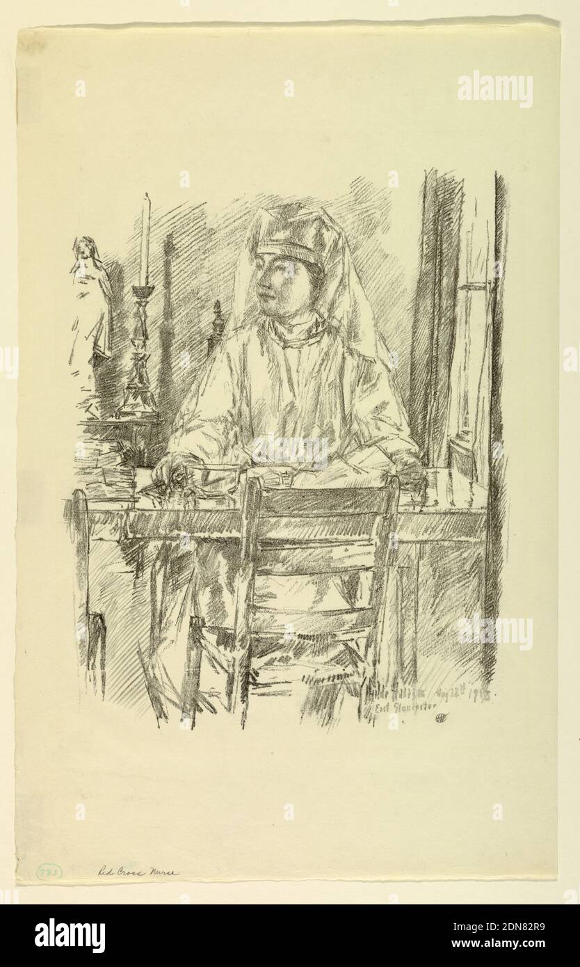 Red Cross Nurse, Childe Hassam, American, 1859–1935, Lithograph auf Papier, EINE Rotkreuzschwester sitzt an einem Tisch, frontal zugewandt, ihr Kopf nach links gedreht., USA, 1918, Figures, Print Stockfoto