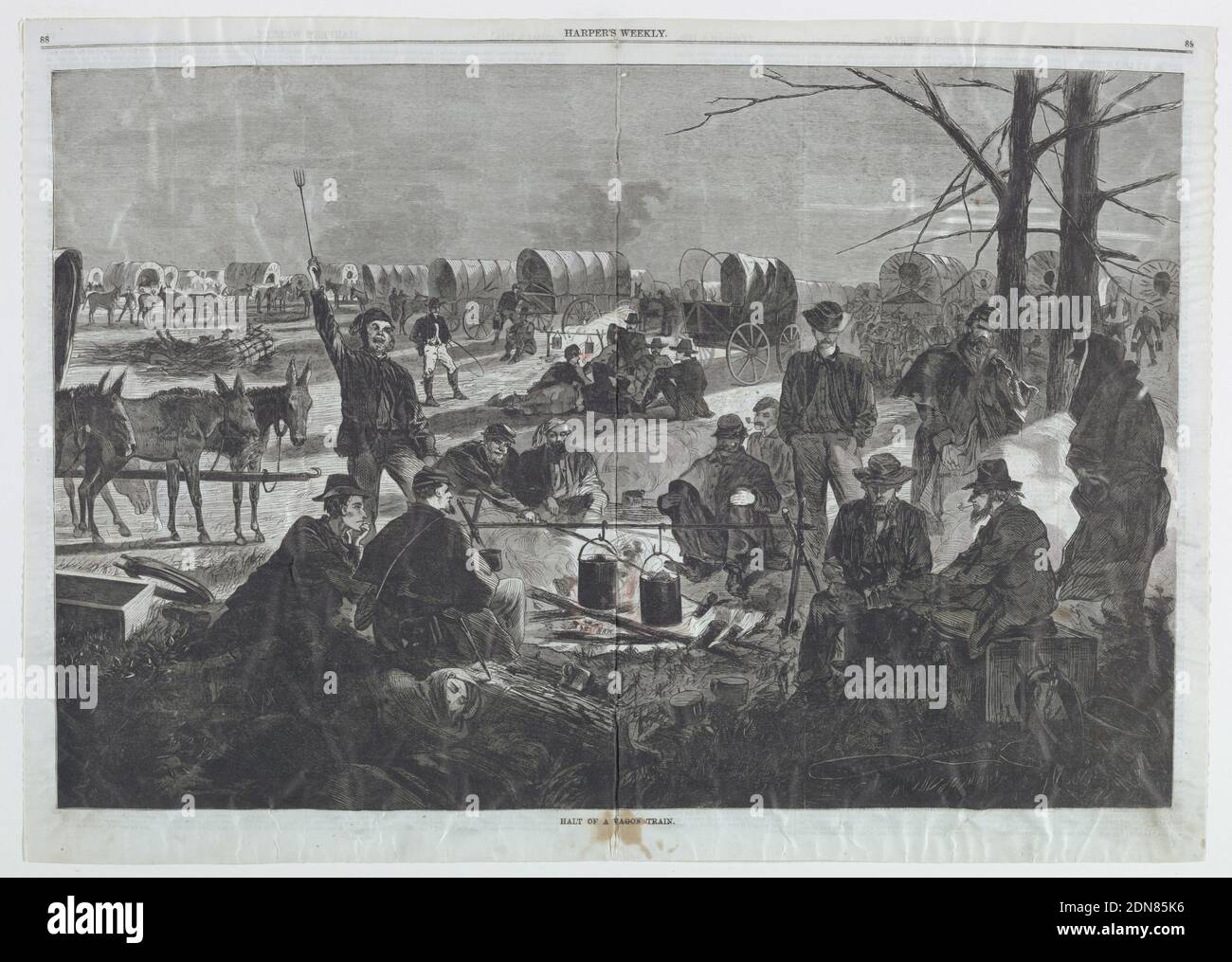 Halt eines Wagon-Zuges, aus Harper's Weekly, 6. Februar 1864, S. 88-89, Holzstich in schwarzer Tinte auf Zeitungspapier mit leichter Farbgebung von Hand, Horizontale Ansicht einer Gruppe von Männern, die im Vordergrund über ein offenes Feuer sitzen und stehen, mit einer großen Anzahl von überdachten Waggons im Hintergrund., USA, 6. Februar 1864, Gestaltung, Print Stockfoto