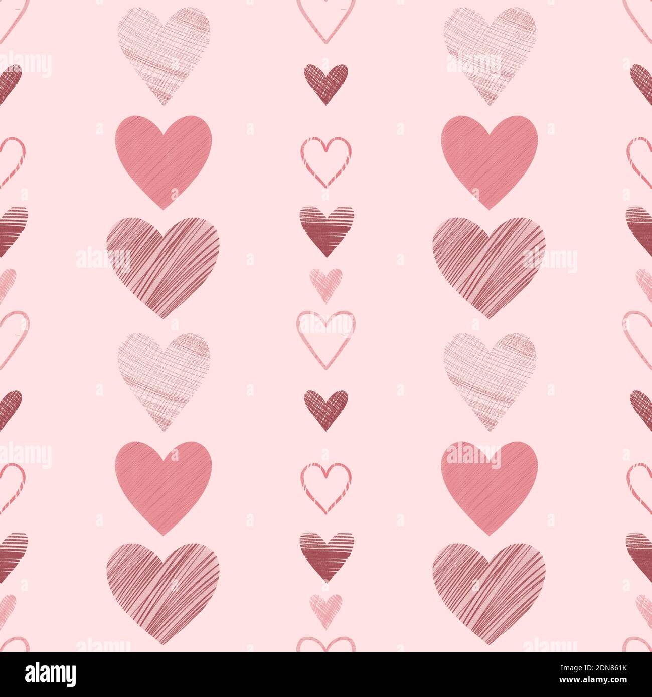 Nahtloses Muster mit handgezeichneten Herzen für Grußkarten, Geschenkpapier, Hochzeit, Geburtstag, Stoff, Textil, Valentinstag, Muttertag, ostern. Stockfoto