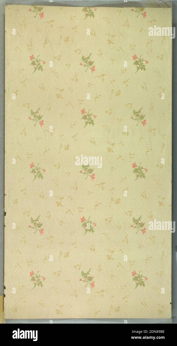 Deckenpapier, Maxwell & Co., S.A., Chicago, Illinois, USA, maschinenbedrucktes Papier, flüssige Glimmer, sich wiederholendes rosa Blumenmotiv mit all-over, monochromatisch, kleineres Blumenmotiv. Hintergrund des Strich- und Punktmusters. Cremefarben gemahlen. Gedruckt in rosa, grün, beige und weißen flüssigen Glimmer. Gedruckt in selvedge: 'S.A. Maxwell & Co.“ Musternummer '1657', USA, 1905–1915, Tapeten, Deckenpapier Stockfoto