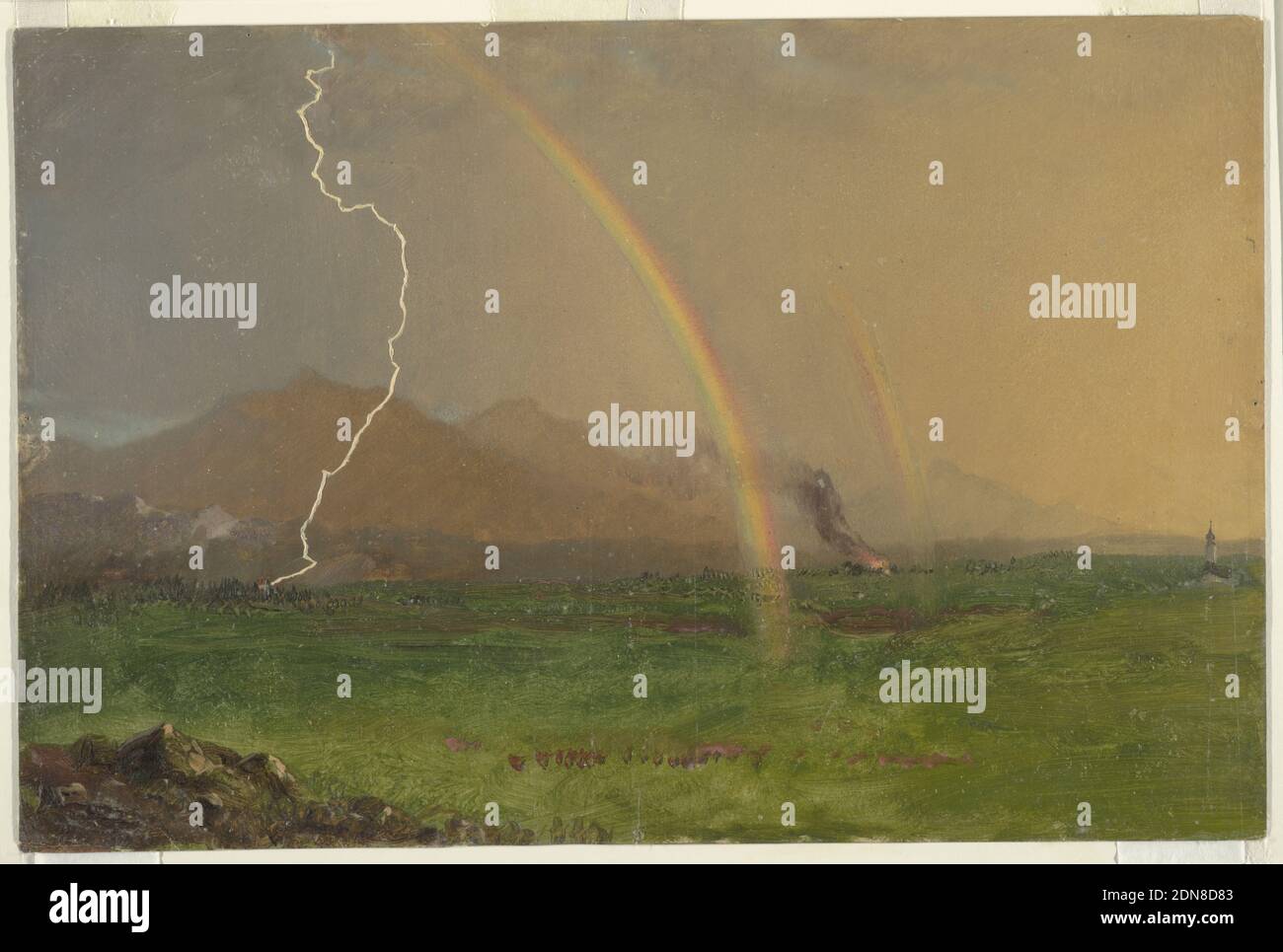 Gewitter in den Alpen, Frederic Edwin Church, Amerikaner, 1826–1900, Pinsel- und Ölfarbe, Graphit auf Pappe, schräge Ansicht eines Tales. Im rechten mittleren Abstand ist ein Kirchengebäude (wahrscheinlich österreichisch oder bayerisch) mit einem Zwiebelkiefer dargestellt. Berge sind hinten. Zwischen zwei Regenbögen brennt ein Feuer. Blitzschläge in der linken Mitteldistanz., USA, 1868, Landschaften, Zeichnung Stockfoto