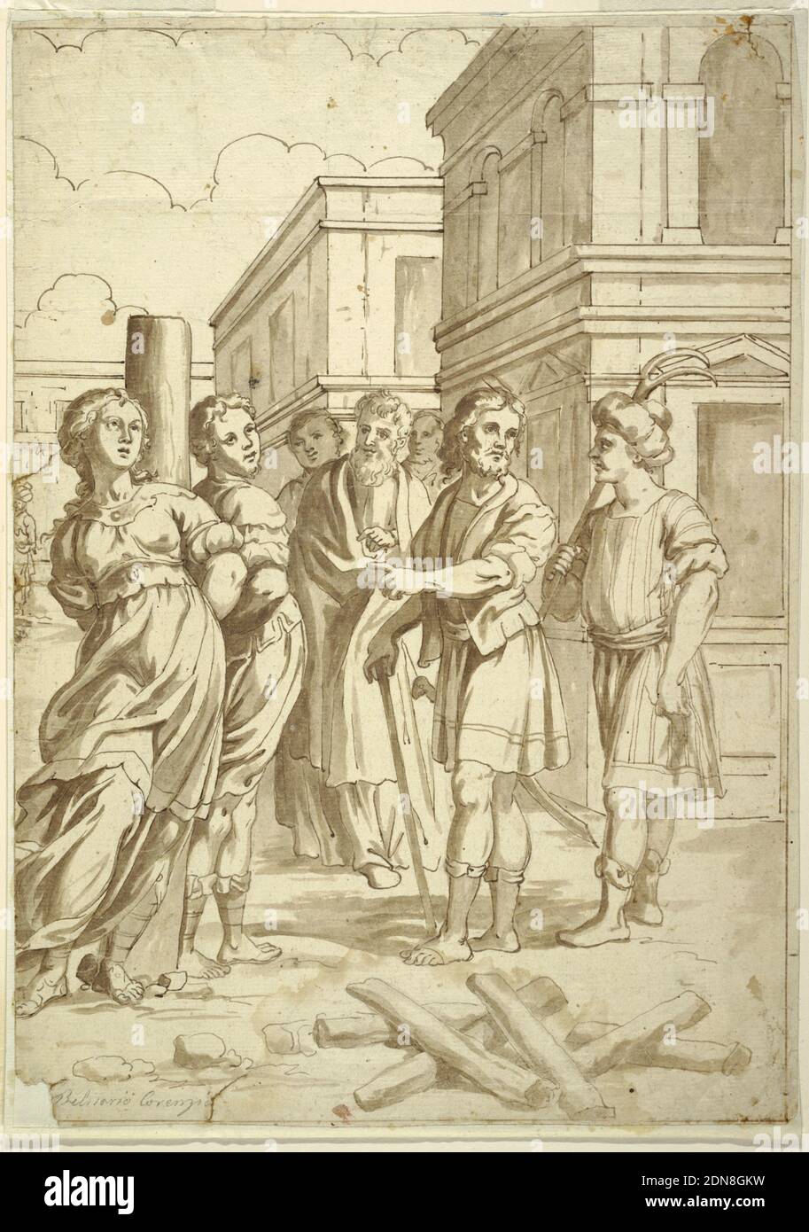 Mann und Frau werden gemartert, Belisario Corenzio, italienisch, aktiv 1590–1646, Feder und braune Tinte, Pinsel und braune Wäsche auf cremefarbenem Papier, gefüttert, vertikales Rechteck. Figuren eines Mannes und einer Frau, die an einen Scheiterhaufen gebunden sind und auf die Hinrichtung warten. Eine Menschenmenge, die vorbeikommt, hat sich versammelt, um zu leer und Point. Brennholz liegt im Vordergrund, Gebäude der Piazza sind im Hintergrund., Italien, 1590–1646, Figuren, Zeichnung Stockfoto