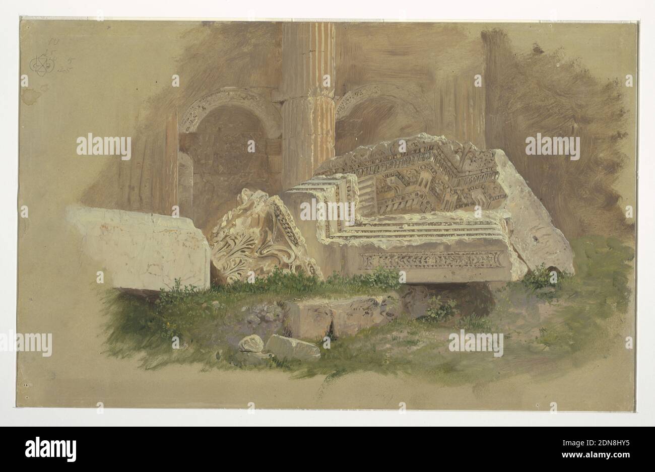 Innenansicht des Bacchus-Tempels, Baalbek, Frederic Edwin Church, American, 1826–1900, Pinsel- und Ölfarbe, Graphit auf Karton, die unteren Teile von zwei Buchten und die Trennsäulen einer langen Seite sind dargestellt. Teile der Entablatur und ein Kapitell liegen im Vordergrund. Die braune Grundfarbe wird seitlich und entlang der unteren Kante angezeigt. In der oberen linken Ecke, mathematische Zahlen und ein kleiner Plan., USA, Mai 1868, Architektur, Zeichnung Stockfoto