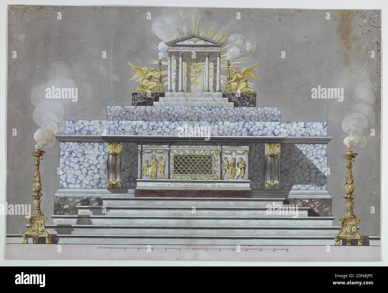 Altar einer Jungfrau Martyr gewidmet [St. Lucy?], Stift und schwarze Tinte, Pinsel und Aquarell, über schwarzer Kreide; linker Rand in Stift und schwarzer Tinte, rosa Wäsche auf dickem Papier, in der Mitte verbunden, Entwurf für einen Altar. Das Grab hat die Form der Vorderseite eines spätklassischen Sarkophags, dessen Mittelteil hauptsächlich aus einer Öffnung besteht, die durch ein Gitter geschlossen wird, das durch Halbkreise gebildet wird. Seitlich sind Reliefs. Links die Verurteilung der Jungfrau durch den Prätor; rechts ihre Entführung. In der Basis in einer Inschrift, von der nur ein Teil der Wörter sind verständlich. Stockfoto