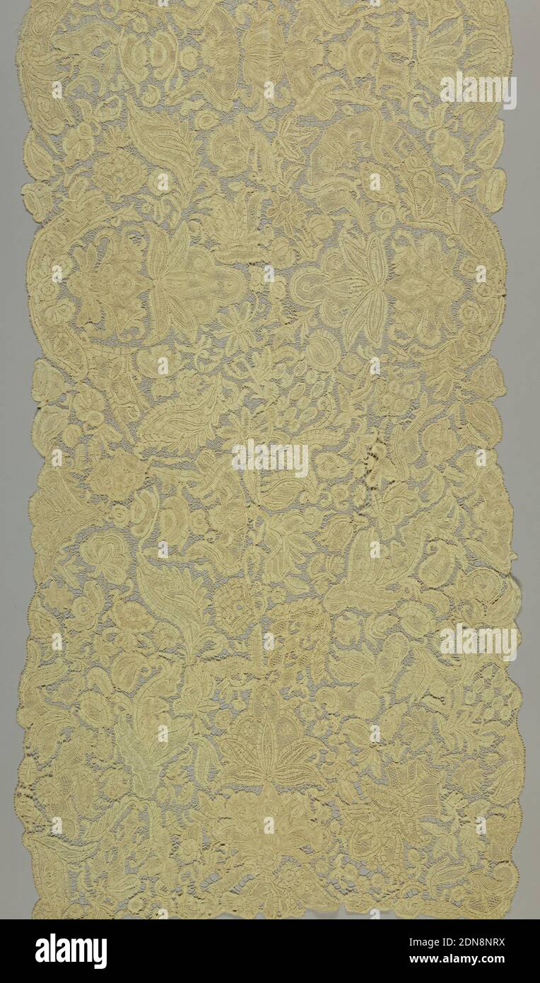 Panel, Medium: Leinen Technik: Klöppelspitze, Brüsseler Stil, Panel im großformatigen Blumenmuster, durchsetzt von stilisierten Vasenformen., Belgien, 18. Jahrhundert, Spitze, Panel Stockfoto