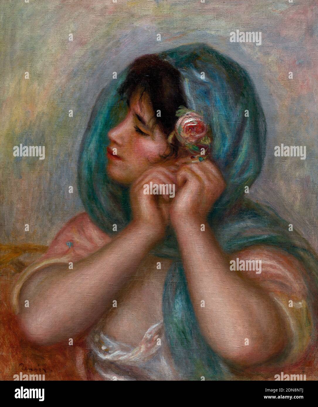 Junge Frau arrangiert ihren Ohrring von Pierre-Auguste Renoir, 1905 Stockfoto