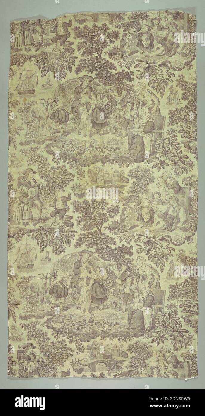 Landszenen, A. Henry, französisch, gedruckt von gravierter Walze auf Baumwollgewebe., drei Szenen des Landlebens mit Menschen und Tieren in lila auf weiß., Rouen, Frankreich, 1800–1850, bedruckte, gefärbte & bemalte Textilien, Textil, Textil Stockfoto