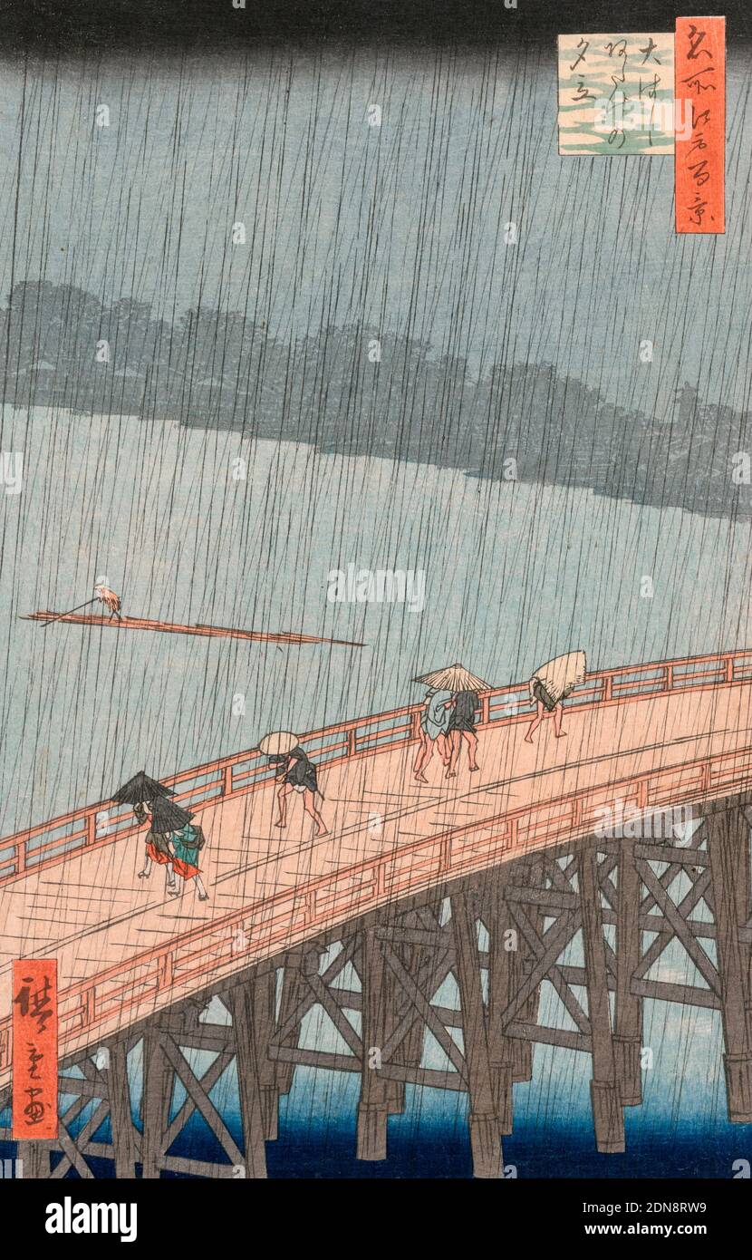 Plötzliche Dusche über Shin-Ōhashi Brücke und Atake, aus der Serie hundert berühmte Ansichten von Edo von Utagawa Hiroshige (japanisch, 1797-1858), 1857 Stockfoto