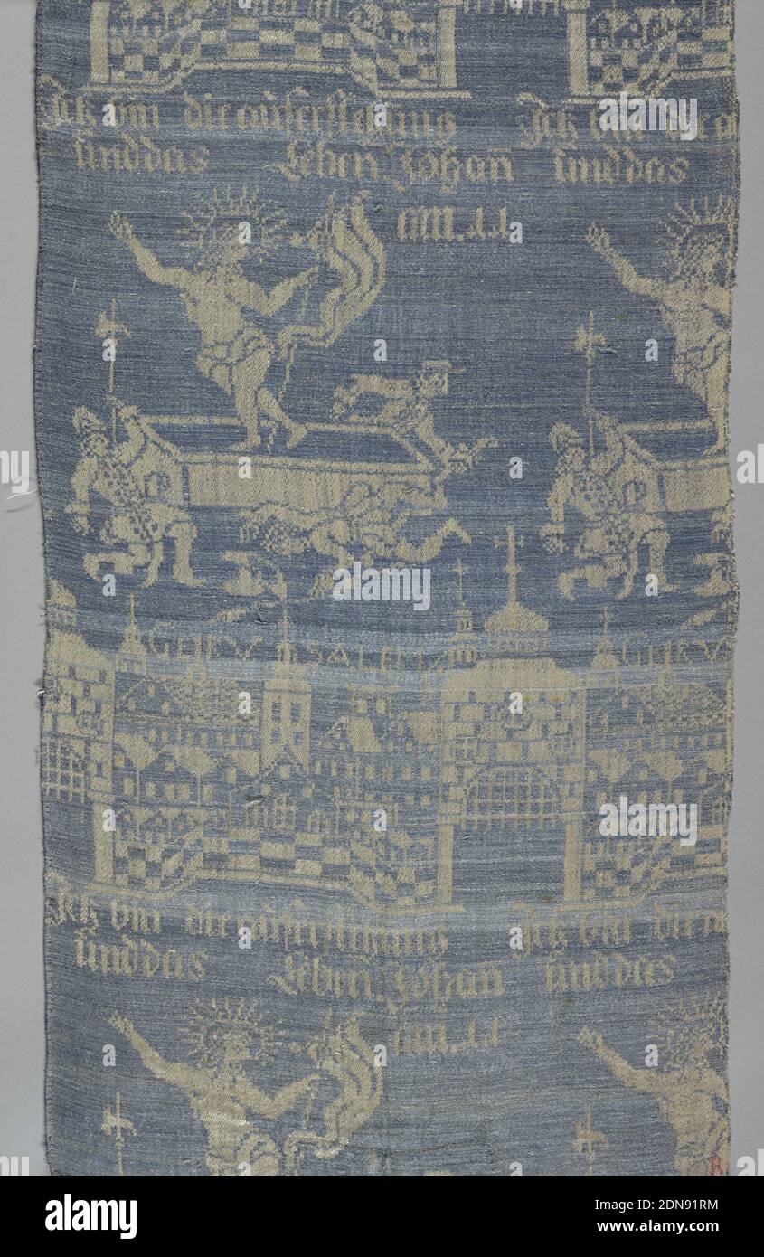 Fragment, Medium: Leinen Technik: Damast, Kreuzstich, schmale Tafel aus blauem und weißem Leinen. Design in waagerechten Reihen, zwei Motive wiederholen sich abwechselnd: Eine ummauerte Stadt mit der Inschrift 'Gerusalem' und der Auferstehung mit der Inschrift 'ich bin die auferstehung und das Leben Johan am 11' (Johannes Kapitel 11), 'R' mit rotem Leinenkreuzstich in der unteren rechten Ecke. Dreieckige Tasche aus gleichem Material auf der Rückseite am unteren Rand., Deutschland, ca. 1700, gewebte Textilien, Fragment Stockfoto